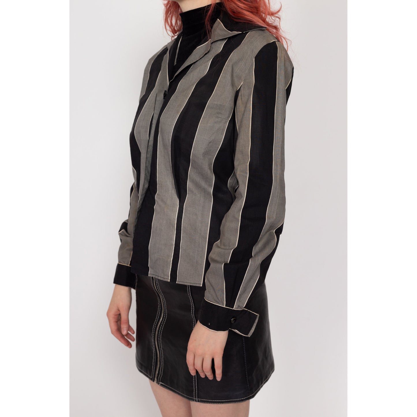 XS 1950s Black & Grey Striped Loop Collar Shirt | Retro Vintage 50s Dorohy Korby Button Up Long Sleeve Top