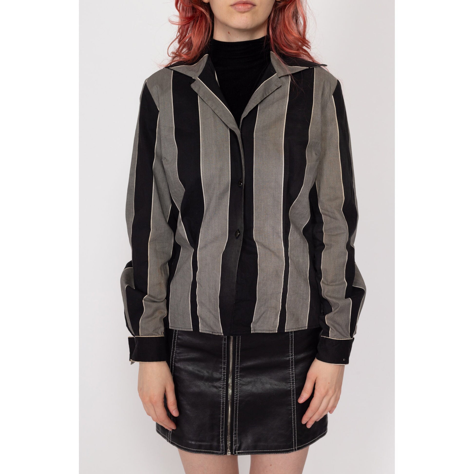 XS 1950s Black & Grey Striped Loop Collar Shirt | Retro Vintage 50s Dorohy Korby Button Up Long Sleeve Top