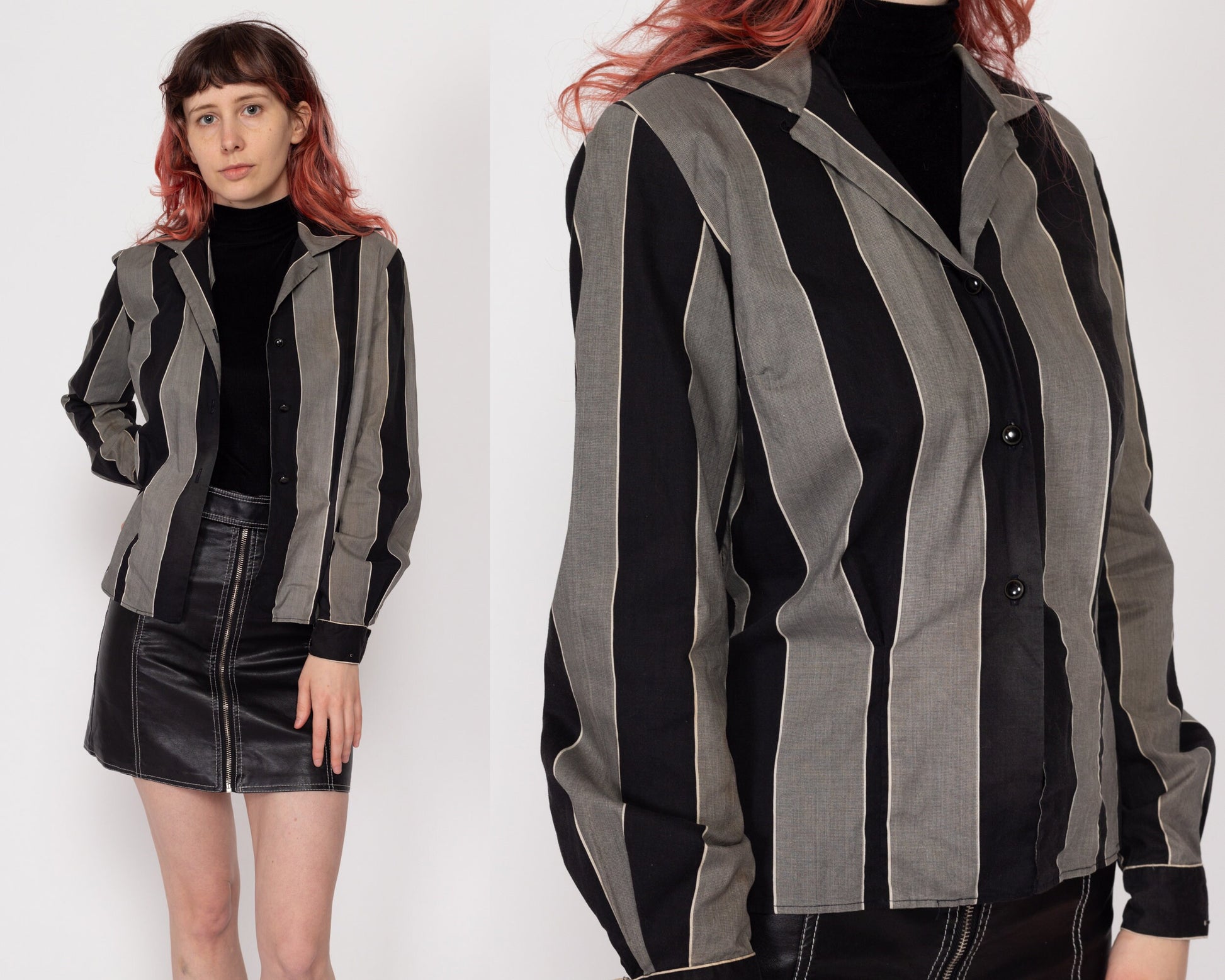 XS 1950s Black & Grey Striped Loop Collar Shirt | Retro Vintage 50s Dorohy Korby Button Up Long Sleeve Top