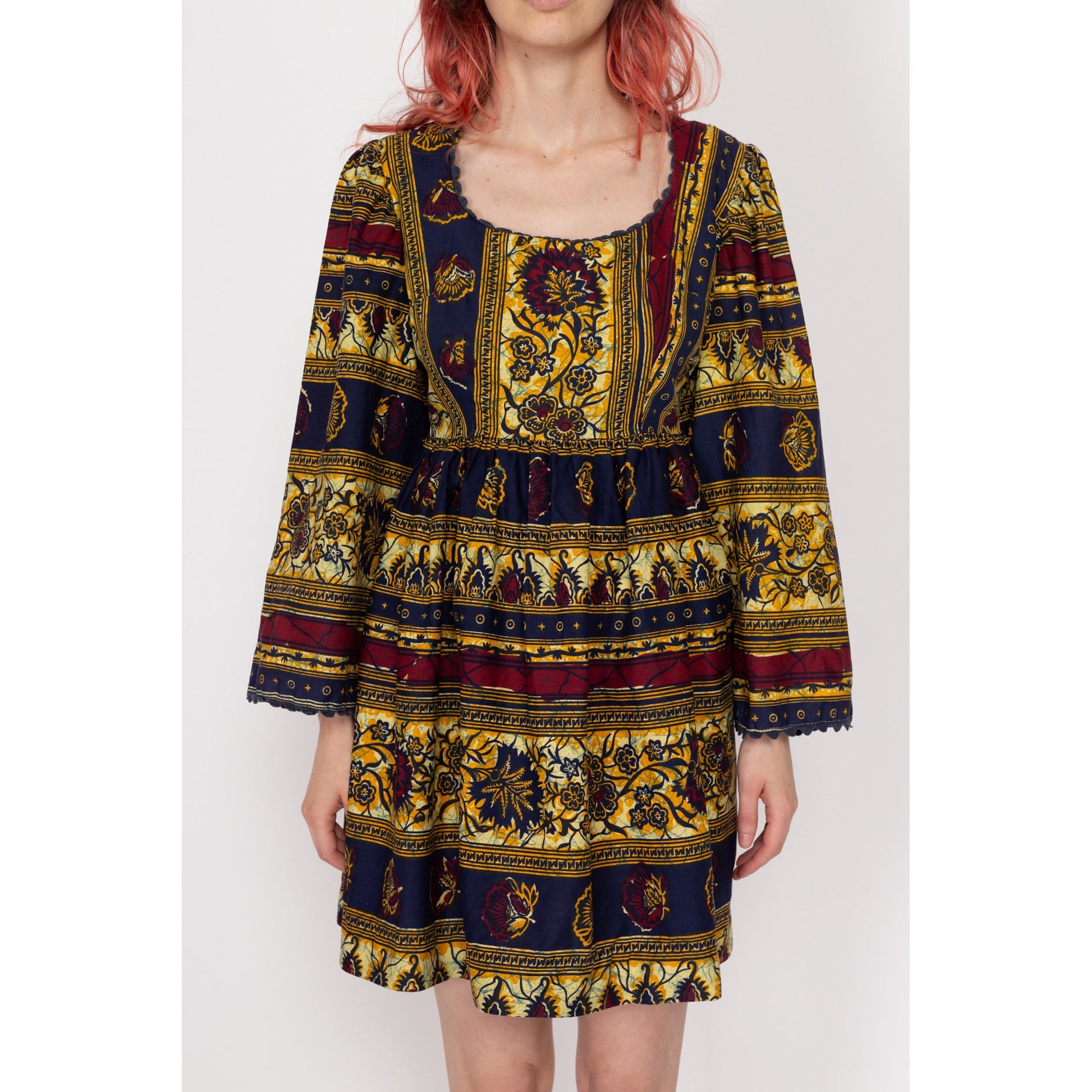 Xs 60s Boho Batik Bell Sleeve Mini Dress Xs 60s Boho Batik Bell Sleeve Mini Dress
