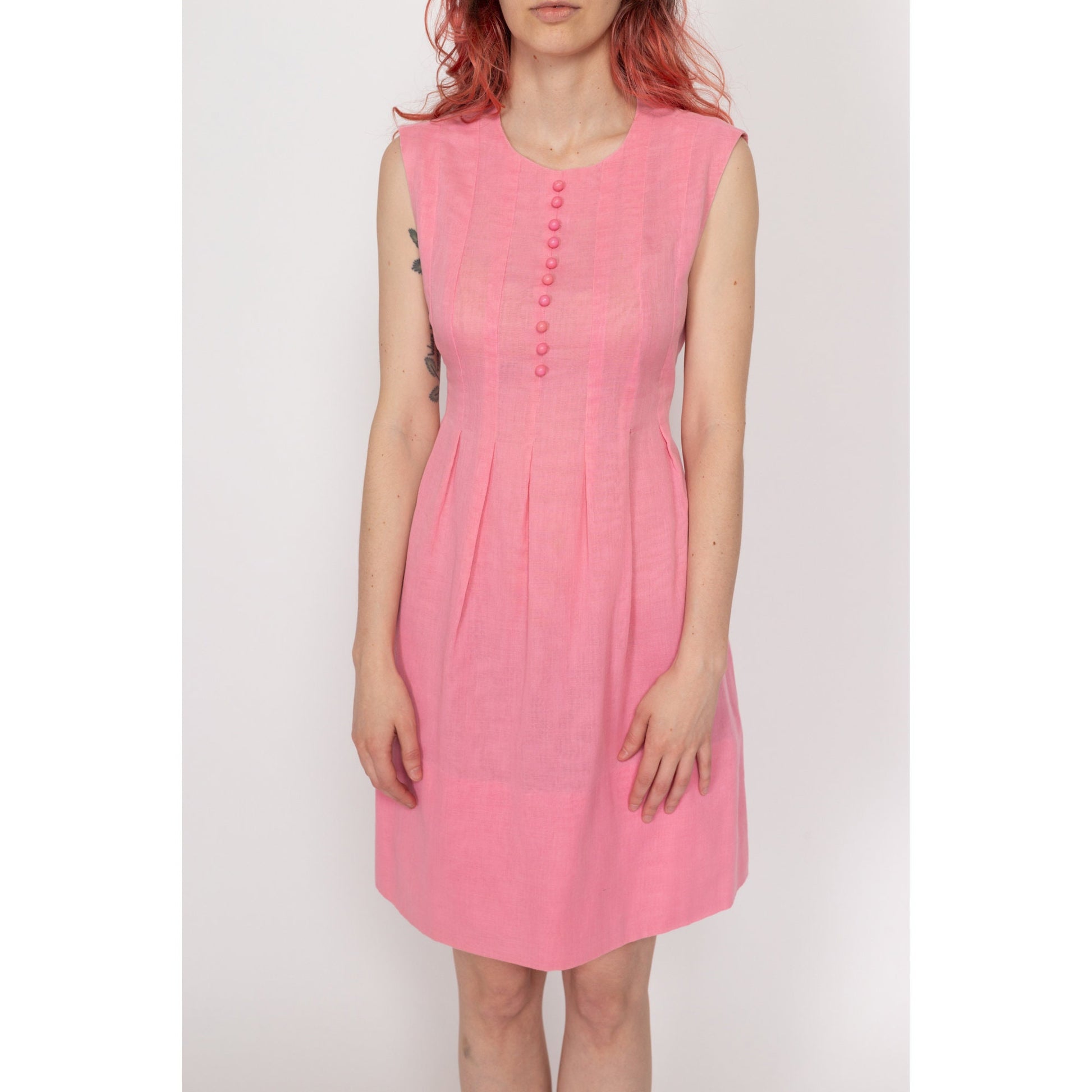 Small 60s Pink Babydoll Mini Dress | Vintage Sleeveless A Line Tie Back Dress