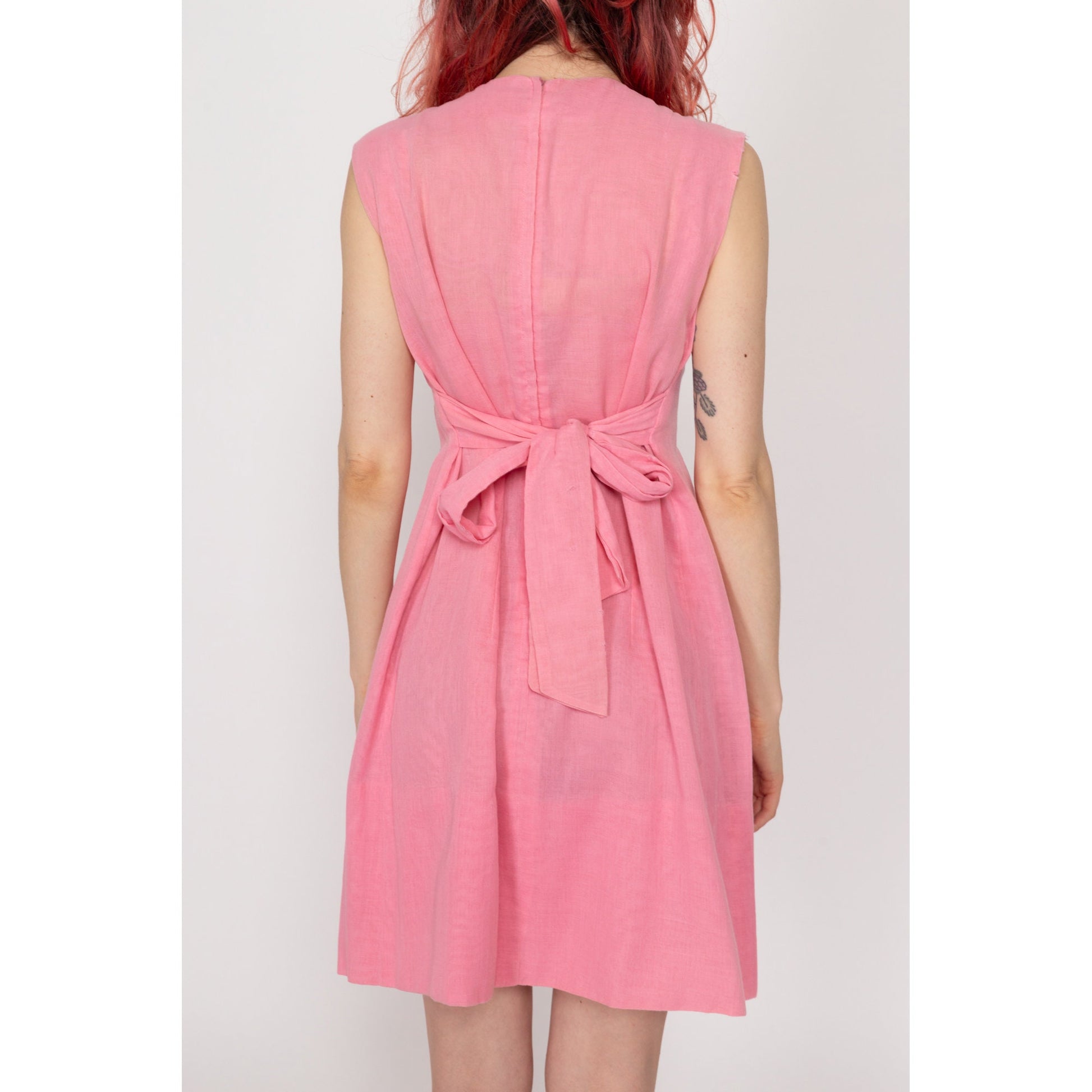 Small 60s Pink Babydoll Mini Dress | Vintage Sleeveless A Line Tie Back Dress