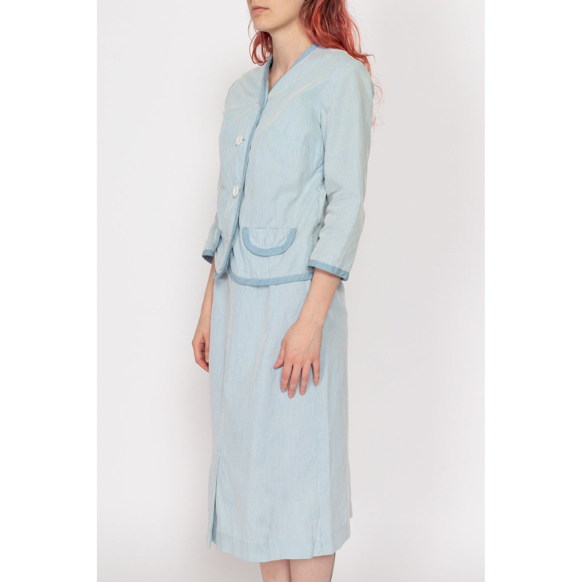 Petite XS 60s Blue & White Pinstriped Seersucker Skirt Set, As Is | Vintage Blazer Midi Skirt Matching Two Piece Suit Outfit