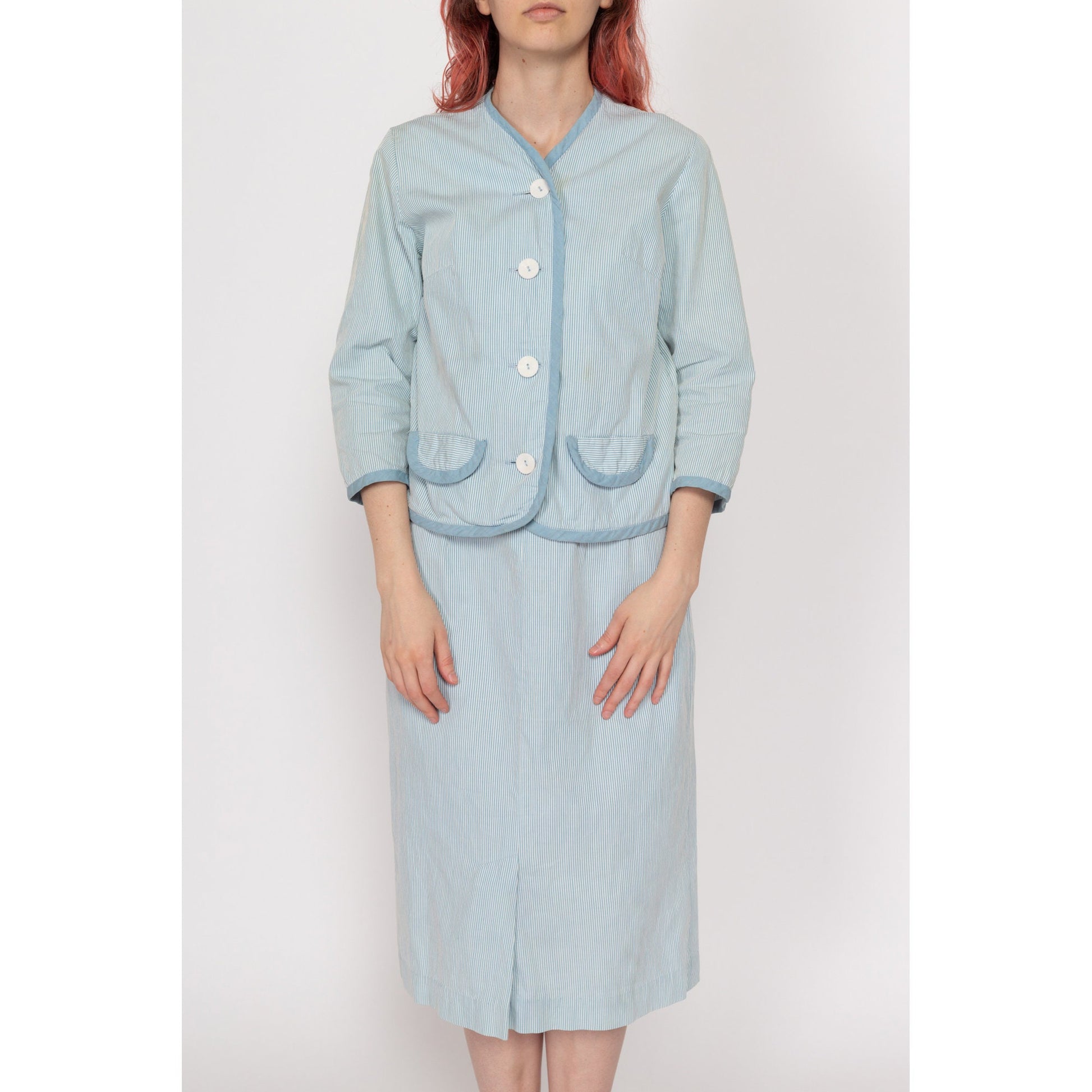 Petite XS 60s Blue & White Pinstriped Seersucker Skirt Set, As Is | Vintage Blazer Midi Skirt Matching Two Piece Suit Outfit
