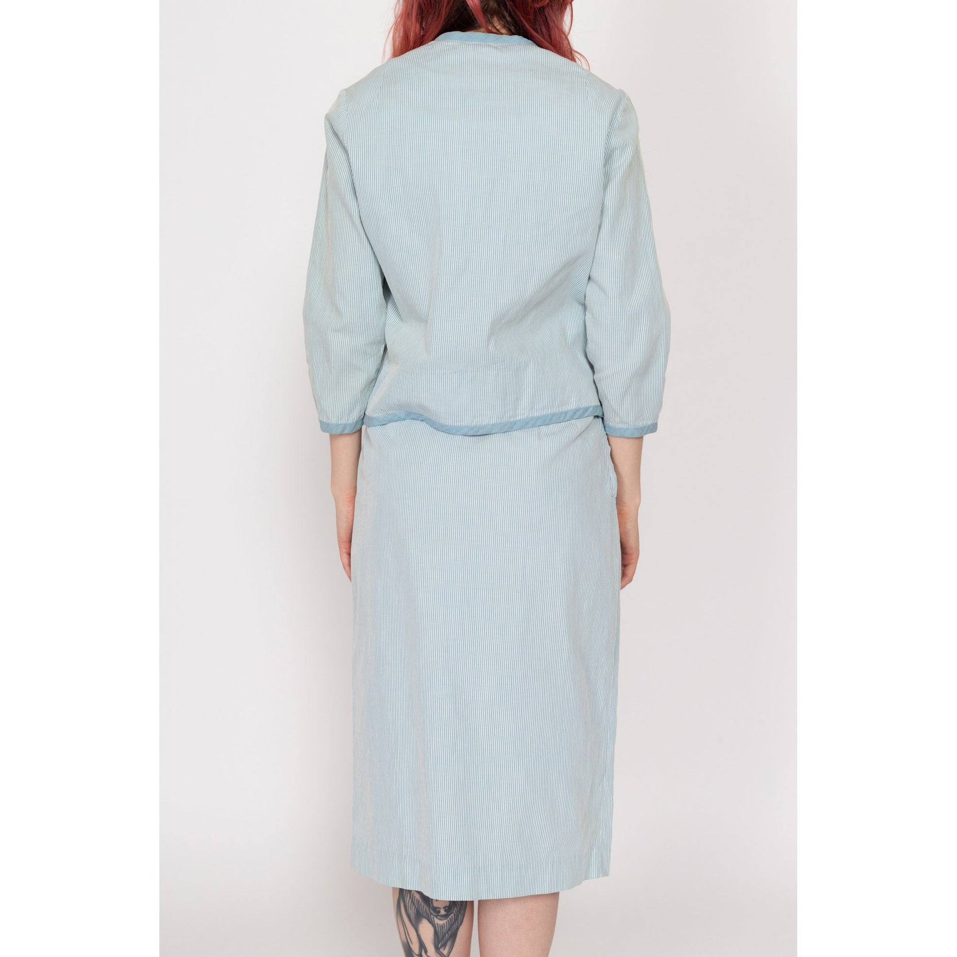 Petite XS 60s Blue & White Pinstriped Seersucker Skirt Set, As Is | Vintage Blazer Midi Skirt Matching Two Piece Suit Outfit