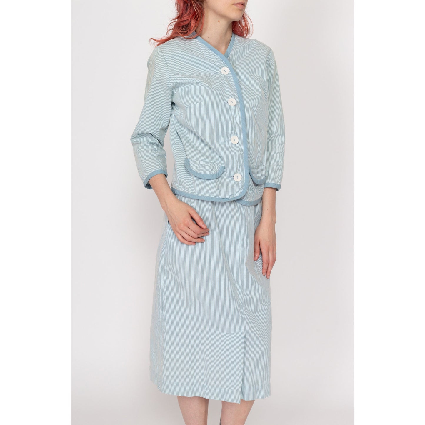 Petite XS 60s Blue & White Pinstriped Seersucker Skirt Set, As Is | Vintage Blazer Midi Skirt Matching Two Piece Suit Outfit