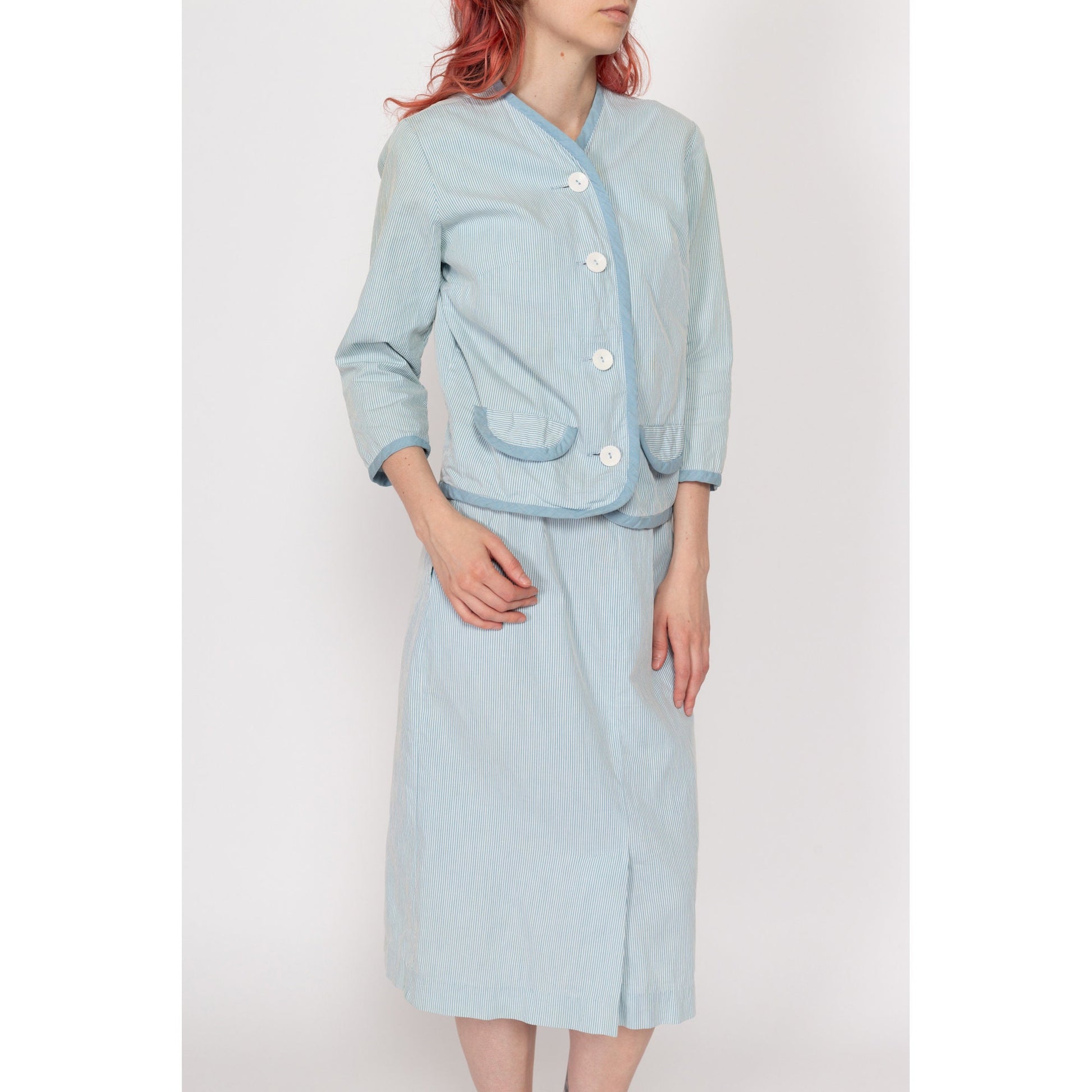 Petite XS 60s Blue & White Pinstriped Seersucker Skirt Set, As Is | Vintage Blazer Midi Skirt Matching Two Piece Suit Outfit