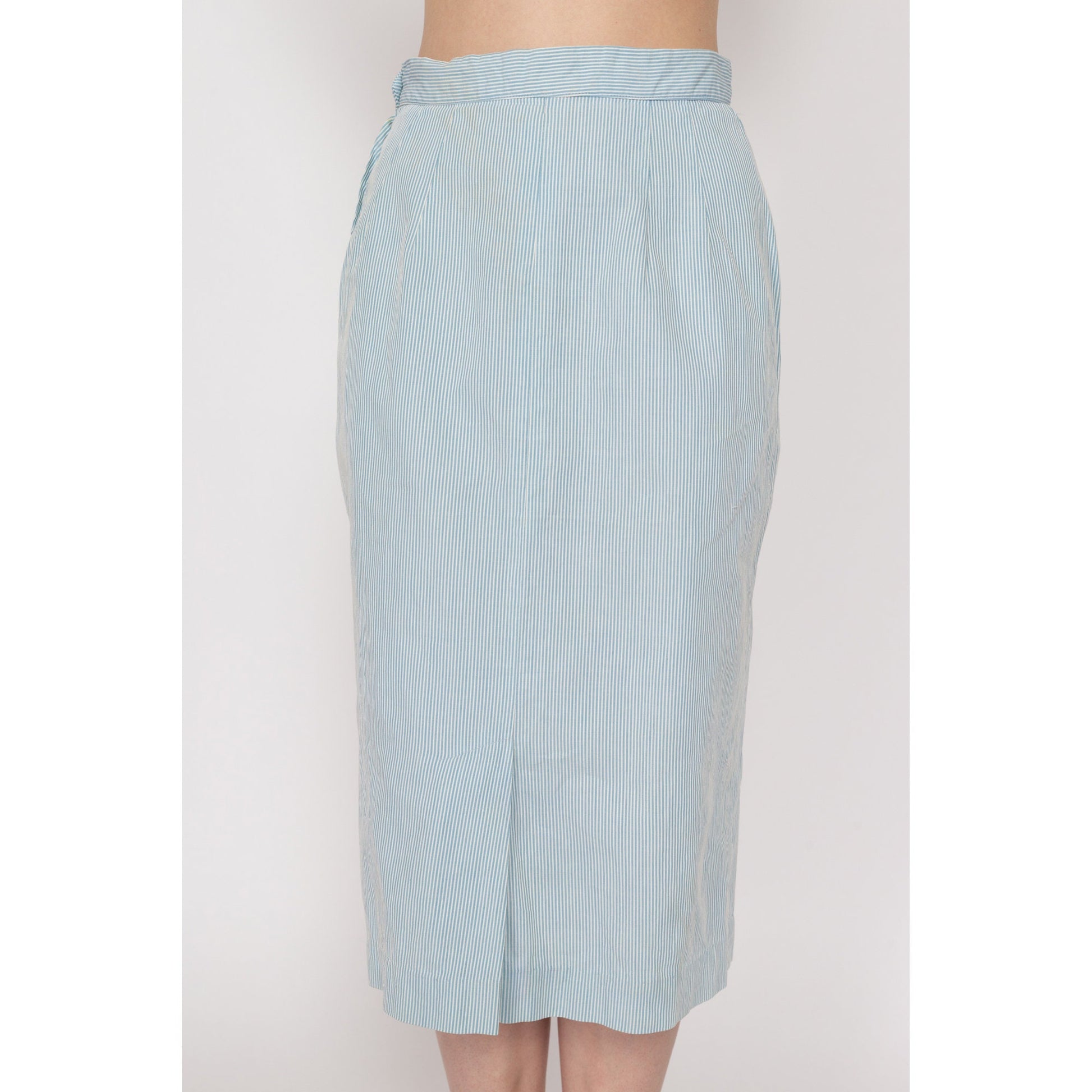 Petite XS 60s Blue & White Pinstriped Seersucker Skirt Set, As Is | Vintage Blazer Midi Skirt Matching Two Piece Suit Outfit