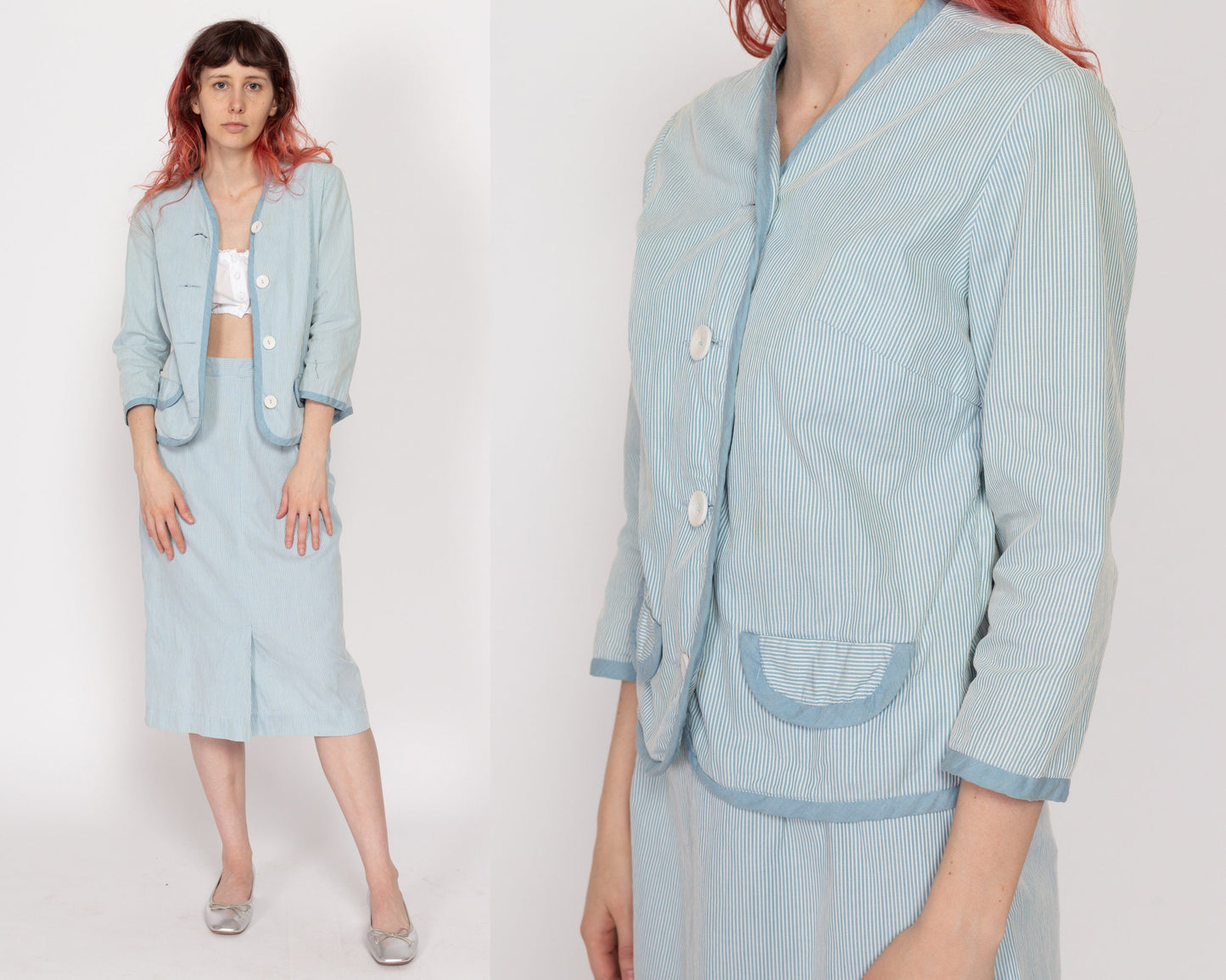 Petite XS 60s Blue & White Pinstriped Seersucker Skirt Set, As Is | Vintage Blazer Midi Skirt Matching Two Piece Suit Outfit