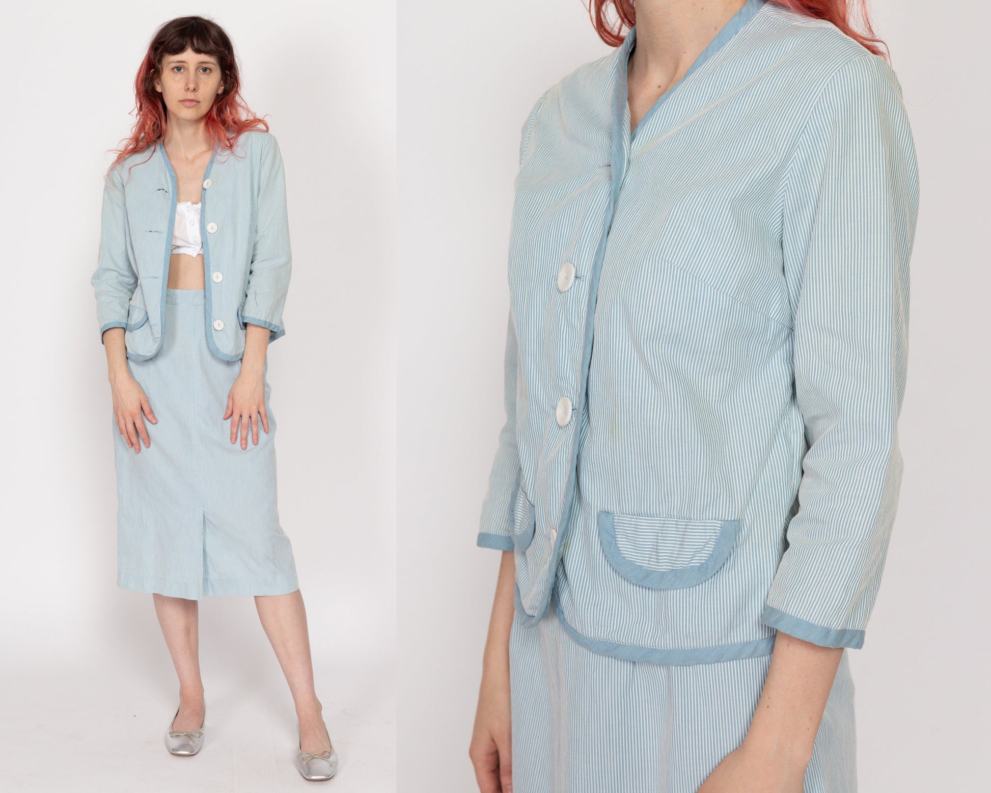 Petite XS 60s Blue & White Pinstriped Seersucker Skirt Set, As Is | Vintage Blazer Midi Skirt Matching Two Piece Suit Outfit