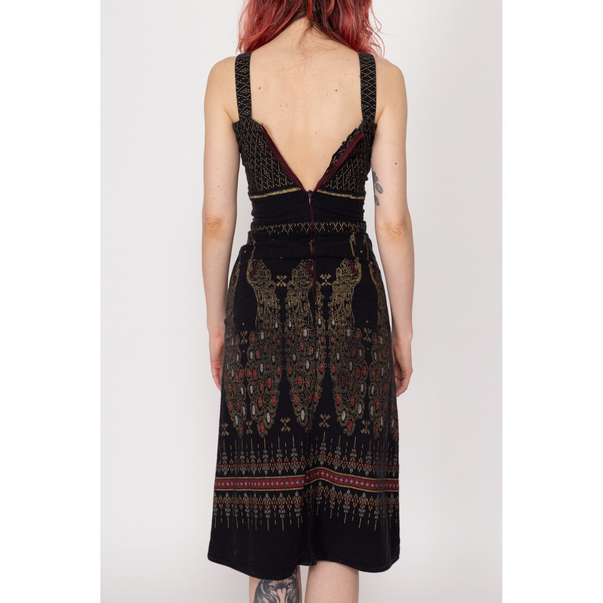 Flying Apple Vintage 70s Boho Peacock Midi Dress