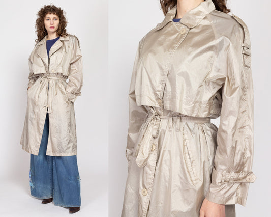Large 80s Shiny Taupe Belted Trench Coat | Vintage Button Up Long Lightweight Rain Jacket