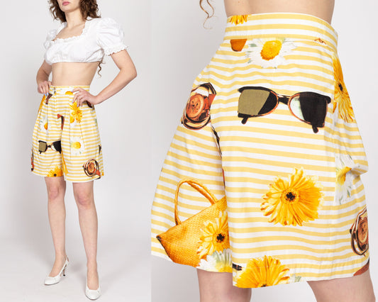 Medium 90s Yellow Striped Summer Novelty Print Shorts, 28" | Vintage High Waisted Pleated Wide Leg Sunglasses Flower Graphic Shorts