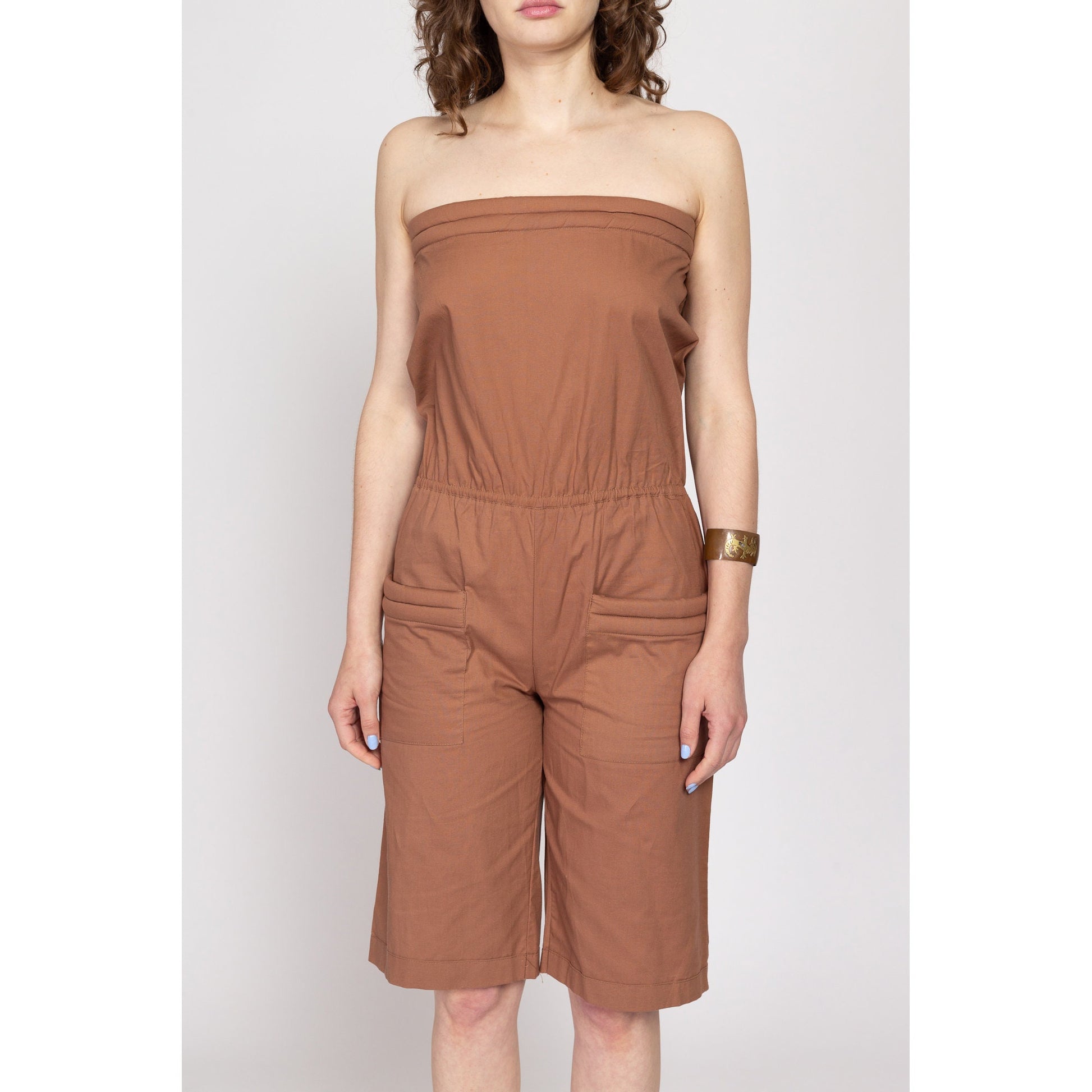 Petite Medium 90s Strapless Brown Cotton Romper | Vintage One Piece Short Jumpsuit