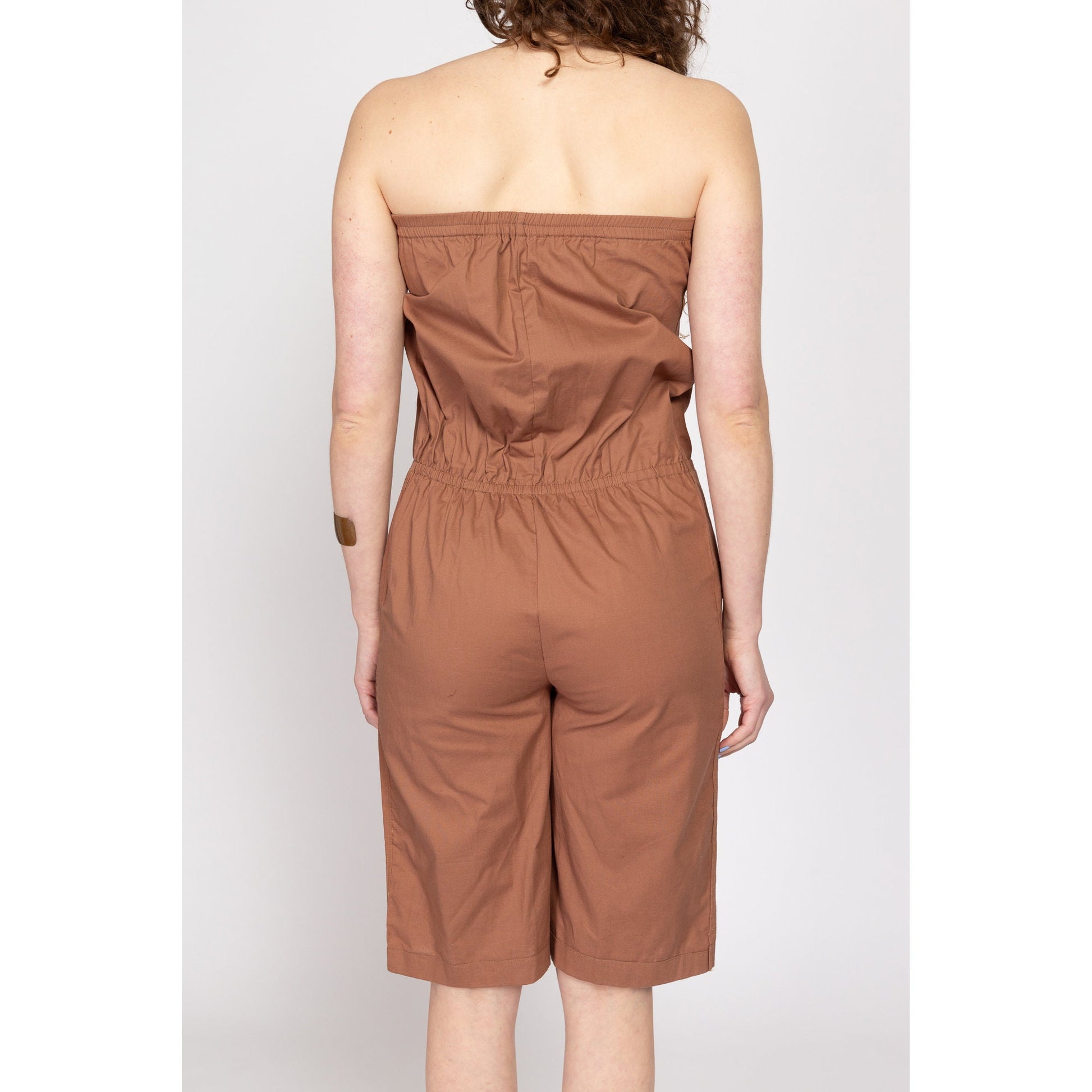 Petite Medium 90s Strapless Brown Cotton Romper | Vintage One Piece Short Jumpsuit