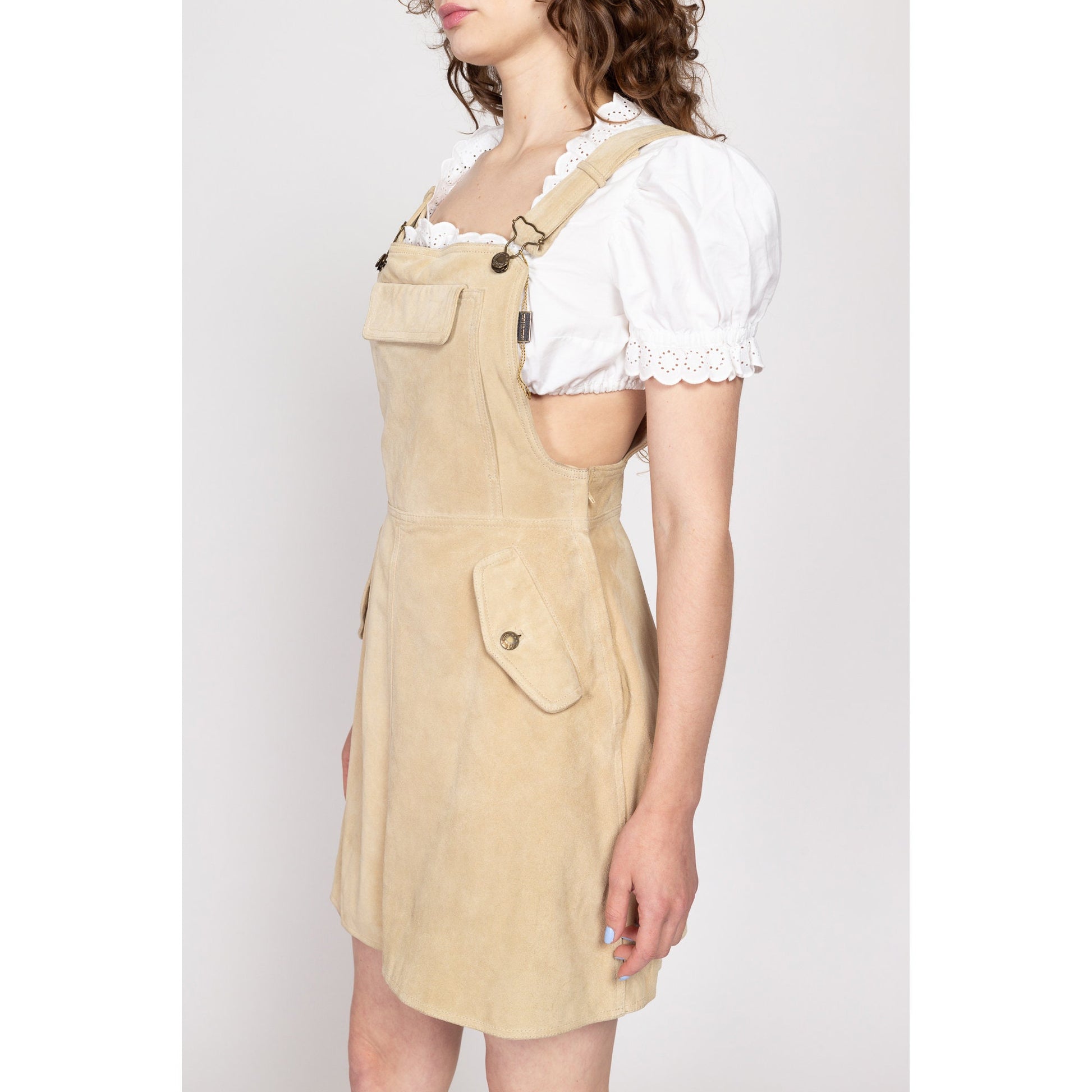 Small 90s Tan Suede Overall Mini Dress | Vintage Leather Fit & Flare Pinafore Apron Dress