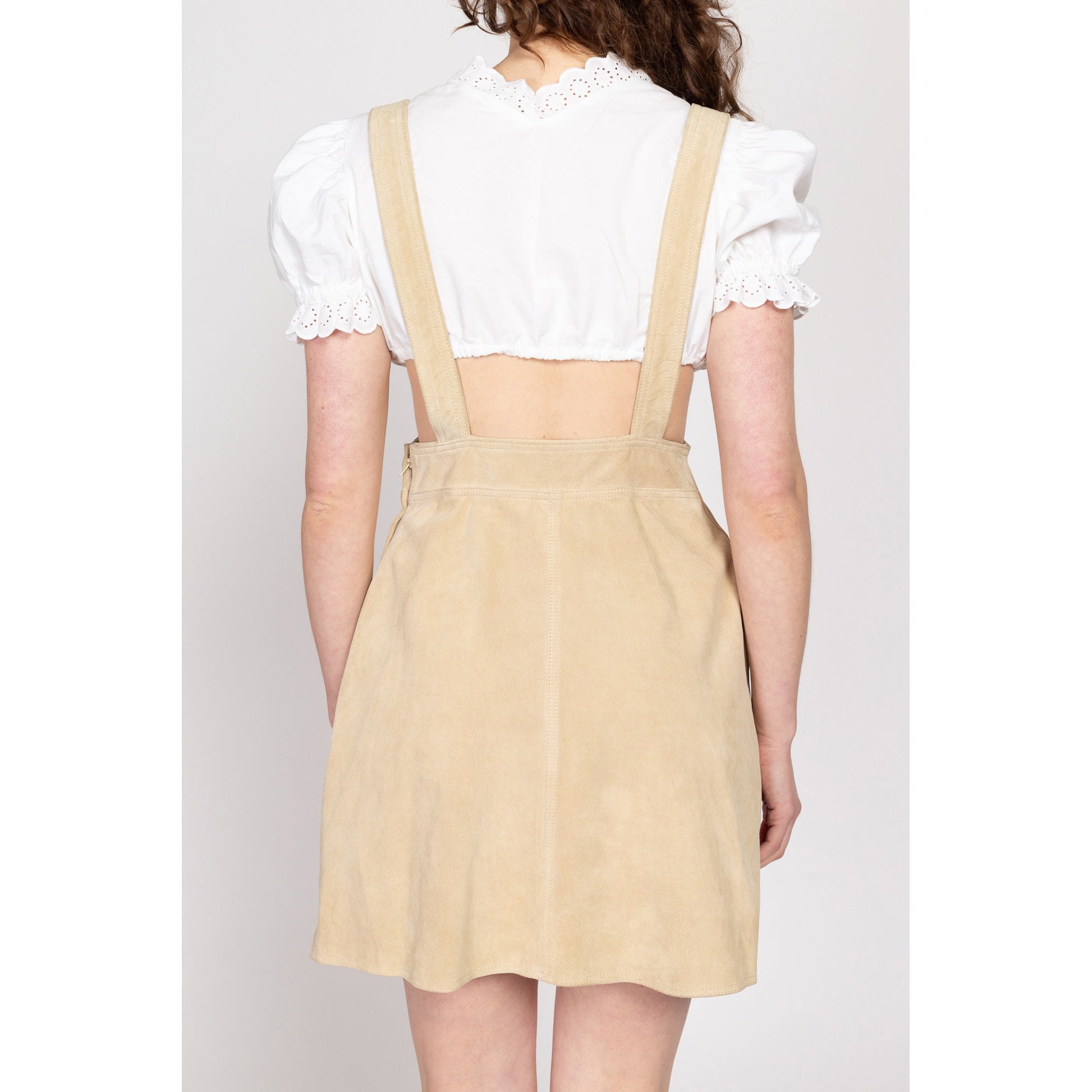 Small 90s Tan Suede Overall Mini Dress | Vintage Leather Fit & Flare Pinafore Apron Dress