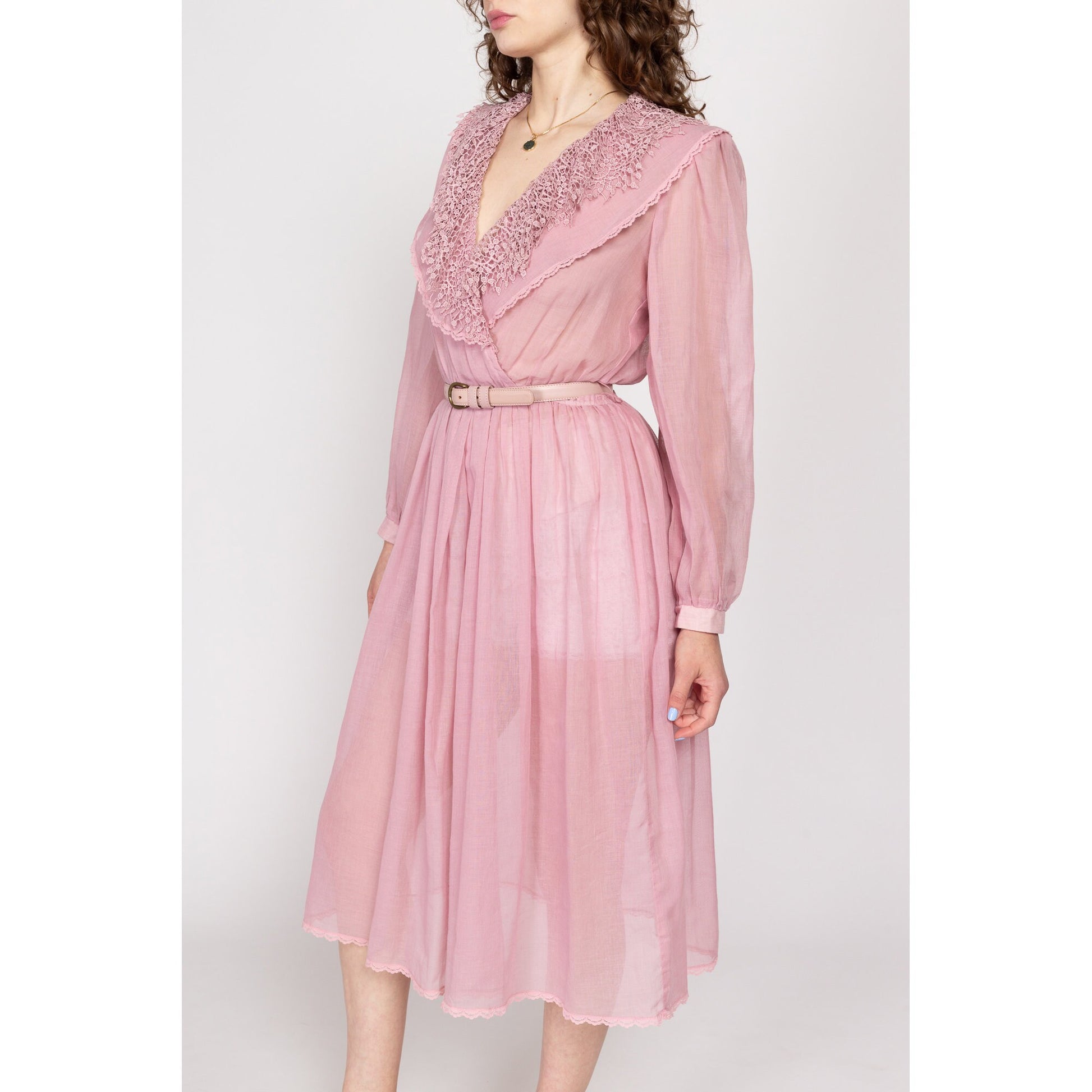 Medium 80s Sheer Dusty Pink Lace Collar Midi Dress | Vintage Jackie Taub Ruffle Deep V Neck Long Sleeve Retro Shirtdress