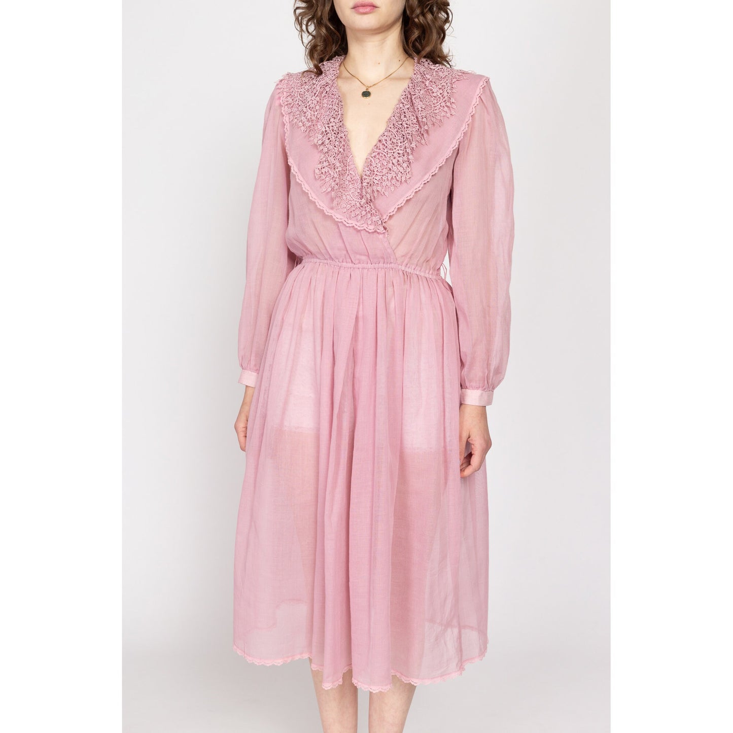 Medium 80s Sheer Dusty Pink Lace Collar Midi Dress | Vintage Jackie Taub Ruffle Deep V Neck Long Sleeve Retro Shirtdress
