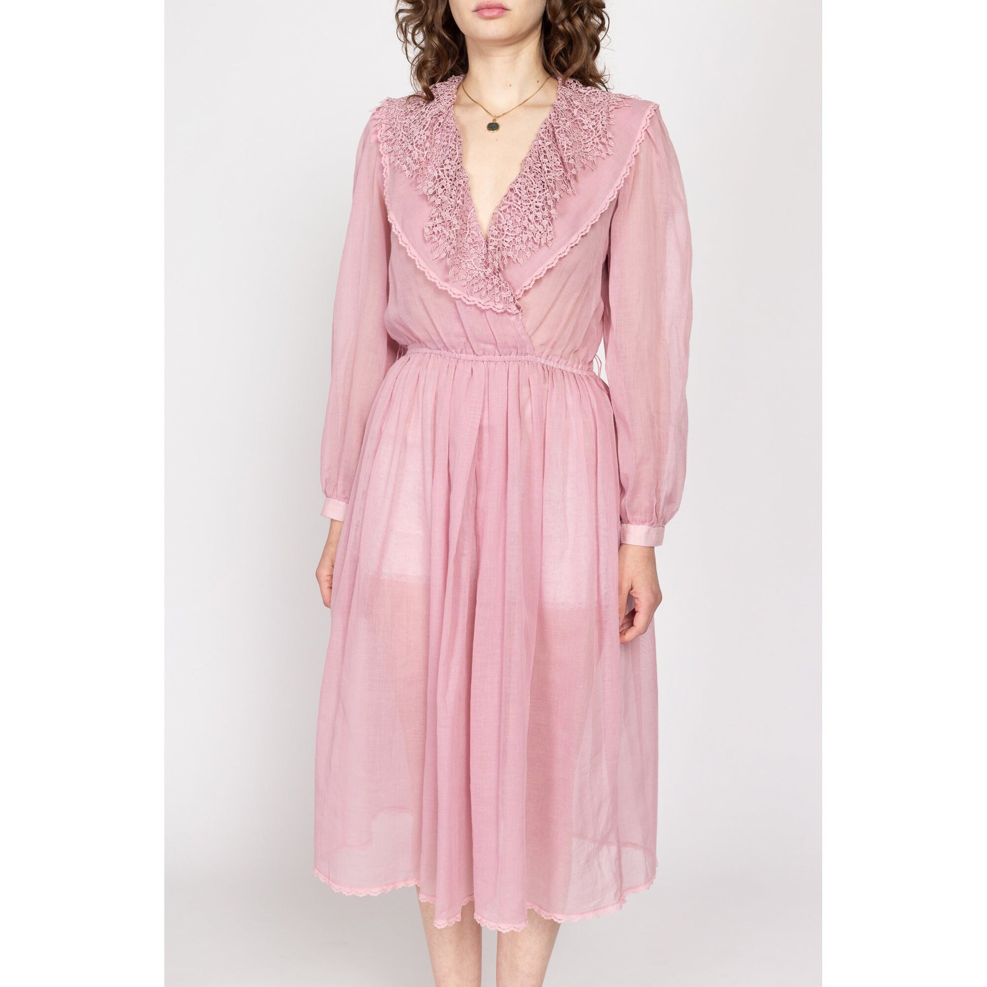 Medium 80s Sheer Dusty Pink Lace Collar Midi Dress | Vintage Jackie Taub Ruffle Deep V Neck Long Sleeve Retro Shirtdress