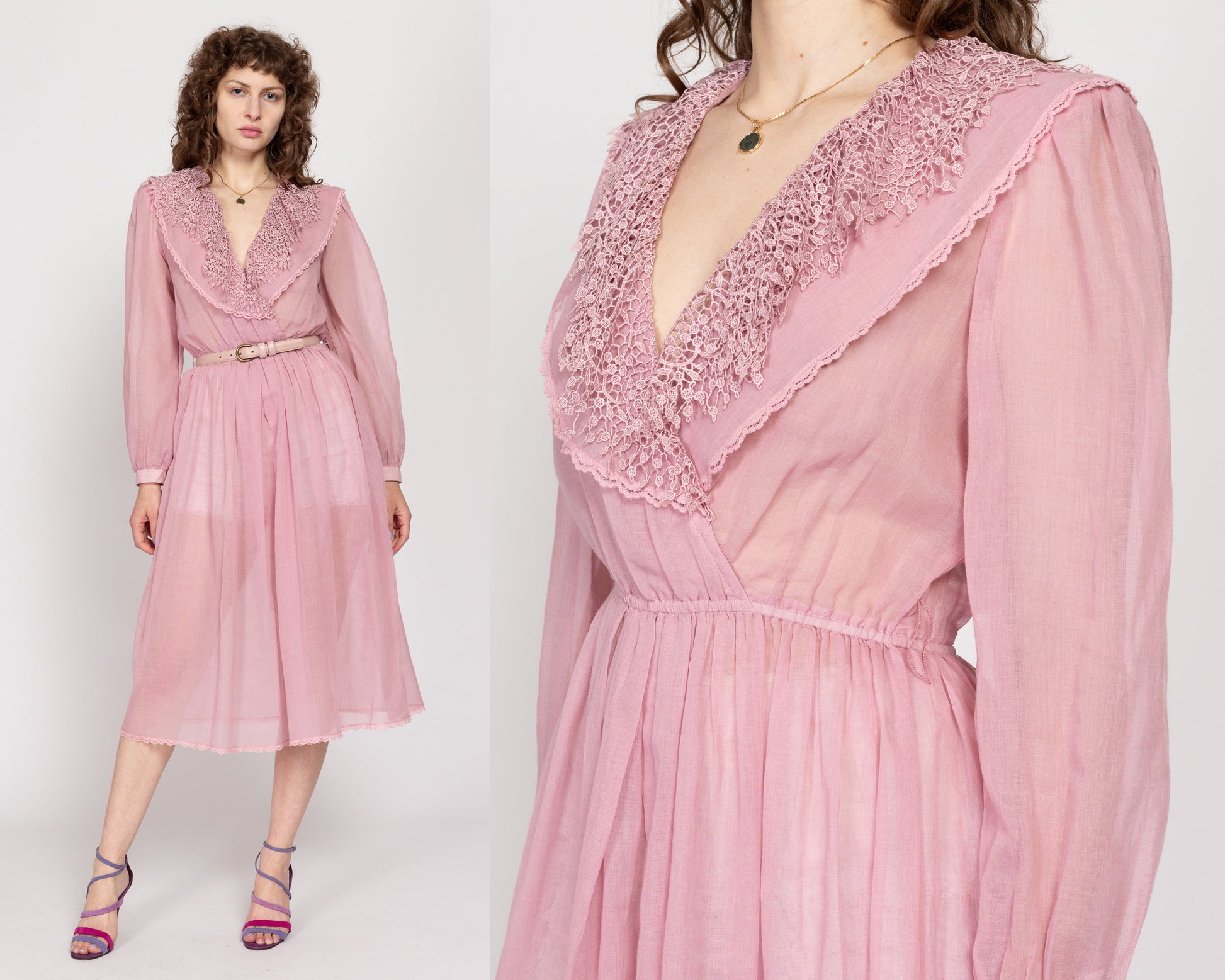 Medium 80s Sheer Dusty Pink Lace Collar Midi Dress | Vintage Jackie Taub Ruffle Deep V Neck Long Sleeve Retro Shirtdress