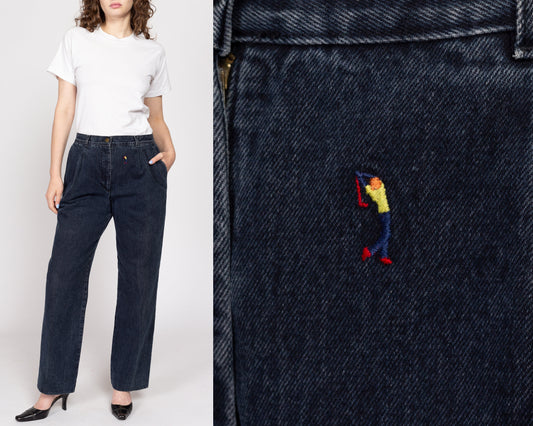 Medium 80s Embroidered Golfer High Waisted Mom Jeans 30" | Vintage Dark Wash Denim Pleated Tapered Leg Jeans