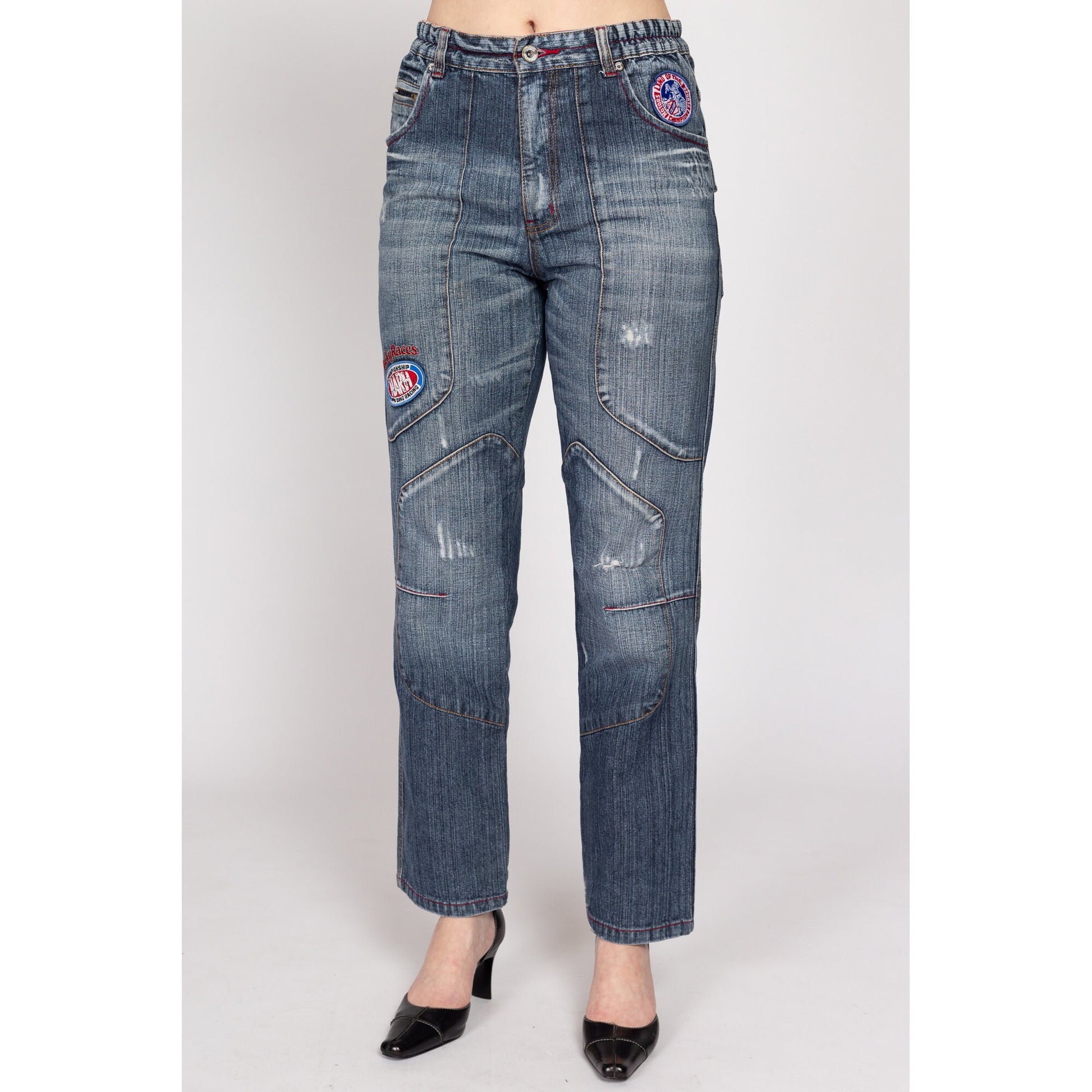 Medium 90s Faded Denim Motocross Patch Jeans | Vintage Streetwear Straight Leg Moto Jeans