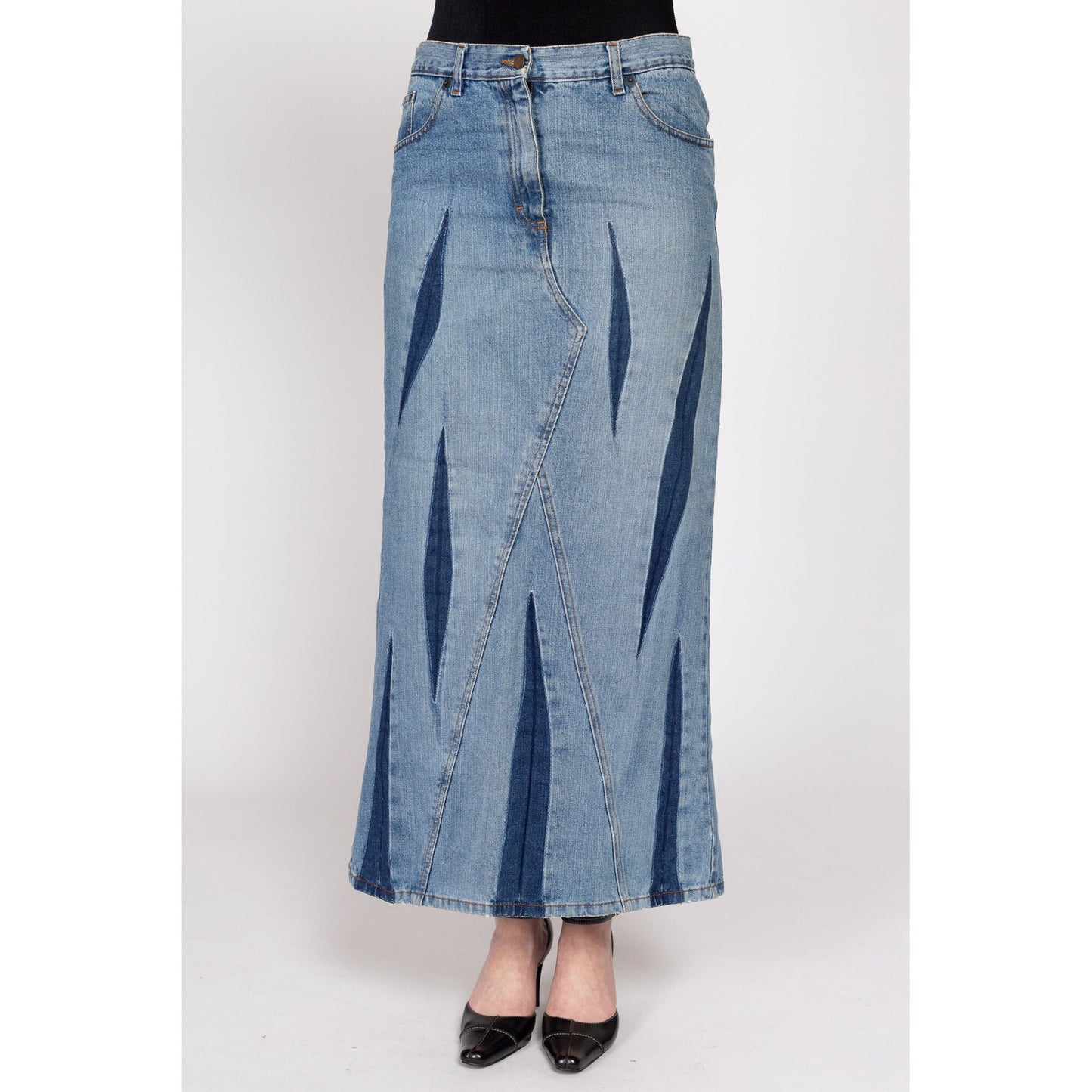 Medium 90s Bray Steve Alan Dagger Slit Denim Maxi Skirt | Vintage Grunge Long Blue Jean Mid Rise Skirt