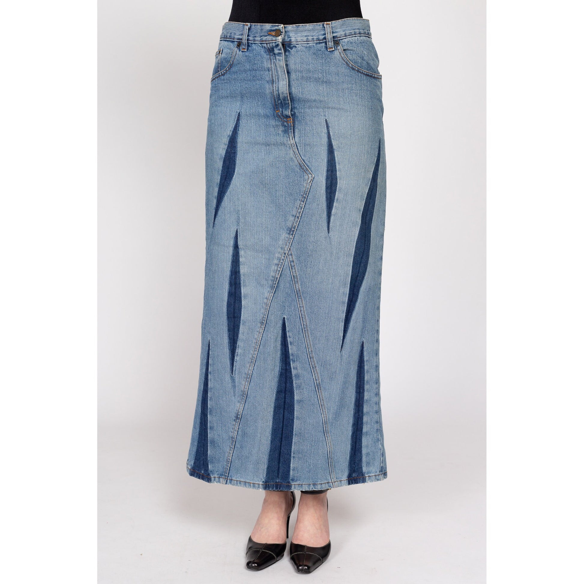 Medium 90s Bray Steve Alan Dagger Slit Denim Maxi Skirt | Vintage Grunge Long Blue Jean Mid Rise Skirt
