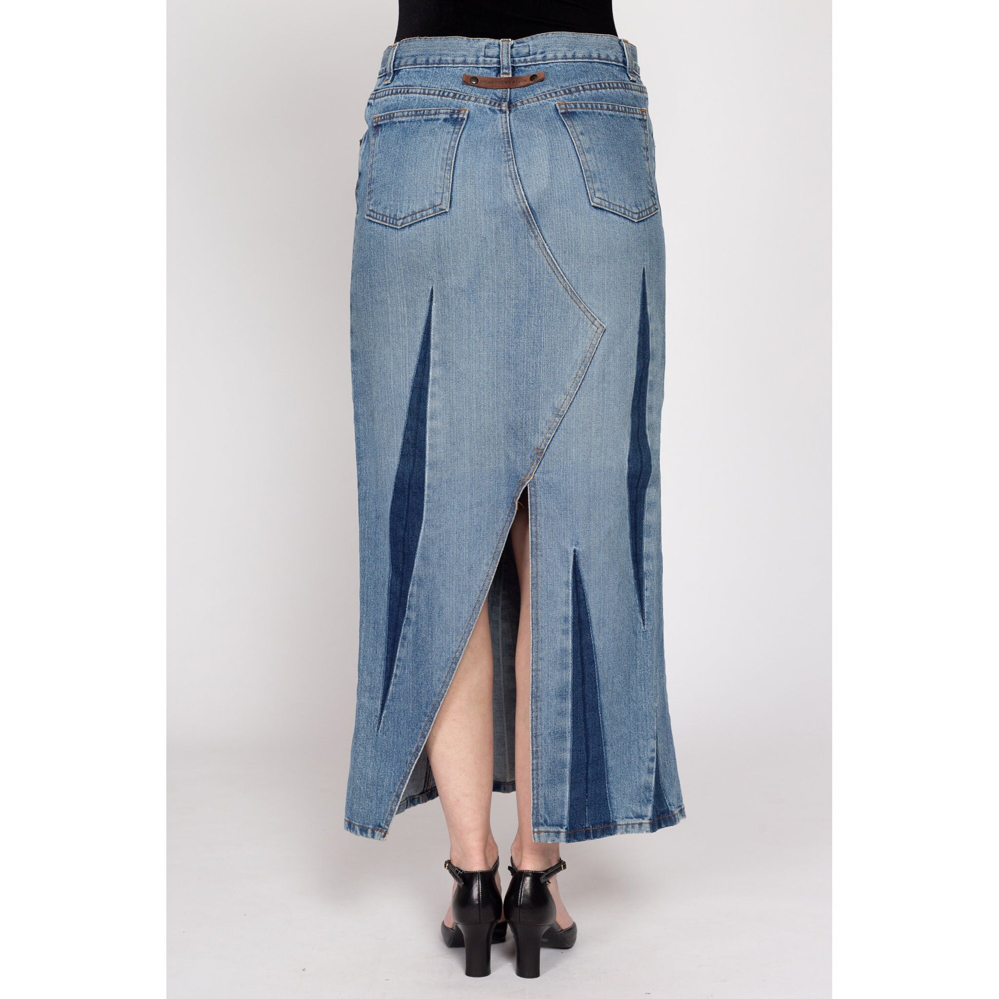 Medium 90s Bray Steve Alan Dagger Slit Denim Maxi Skirt | Vintage Grunge Long Blue Jean Mid Rise Skirt