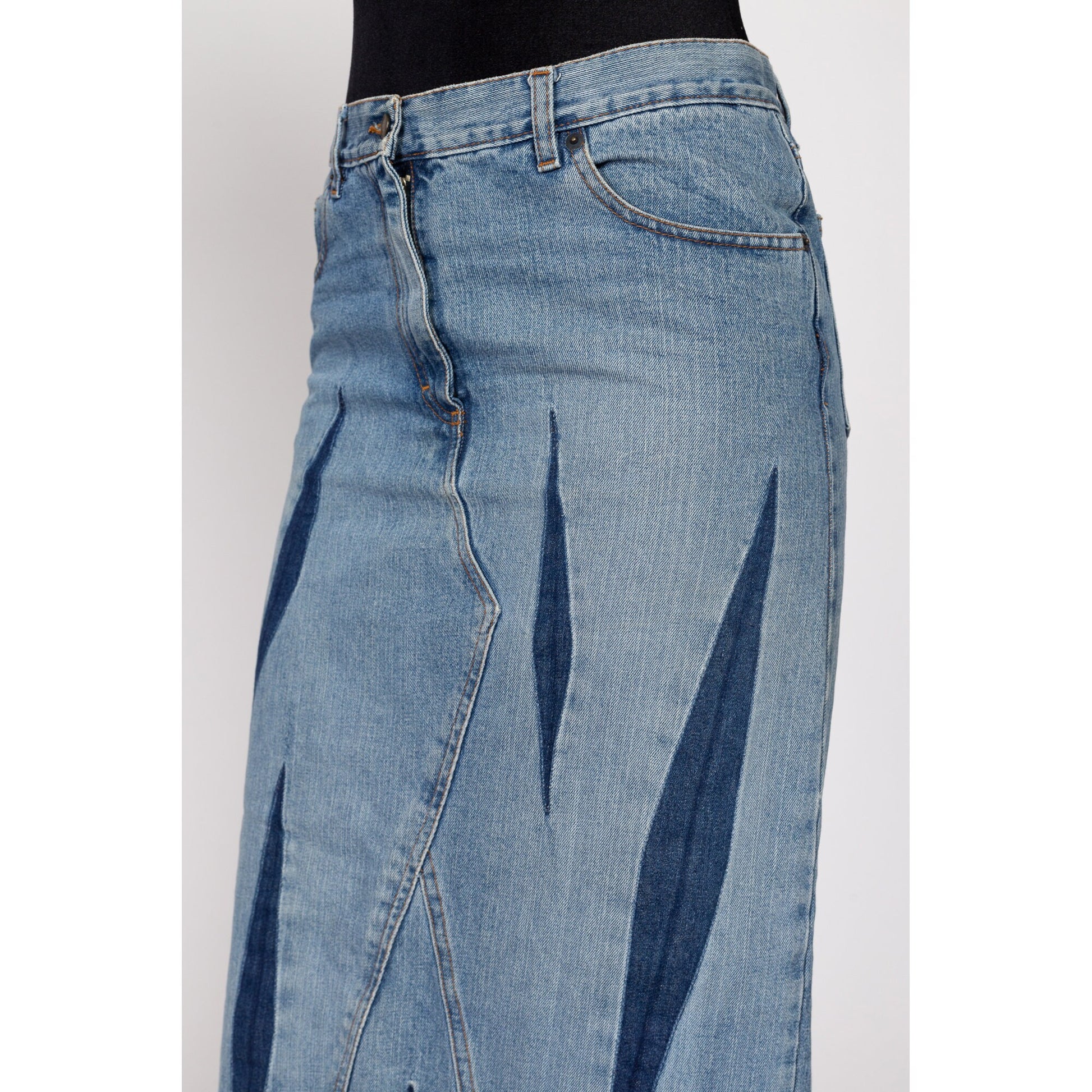 Medium 90s Bray Steve Alan Dagger Slit Denim Maxi Skirt | Vintage Grunge Long Blue Jean Mid Rise Skirt