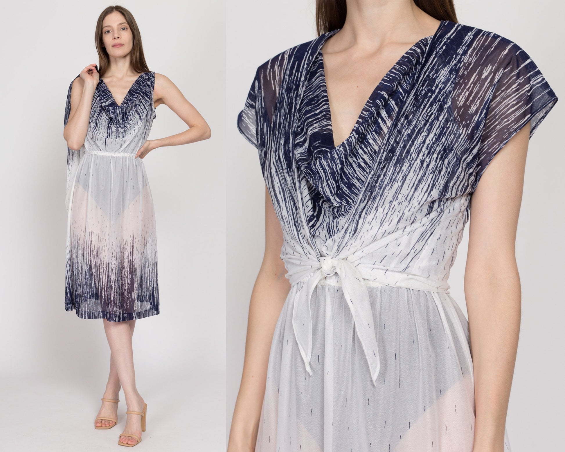 Medium 70s Sheer White Blue Midi Dress & Top | Vintage Abstract Print Cowl Neck Midi Matching Set