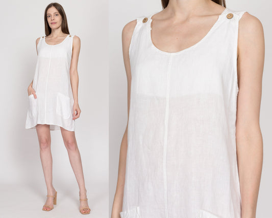 Large 90s White Linen Pinafore Mini Dress | Vintage Sleeveless Scoop Neck Overall Pocket Summer Sundress