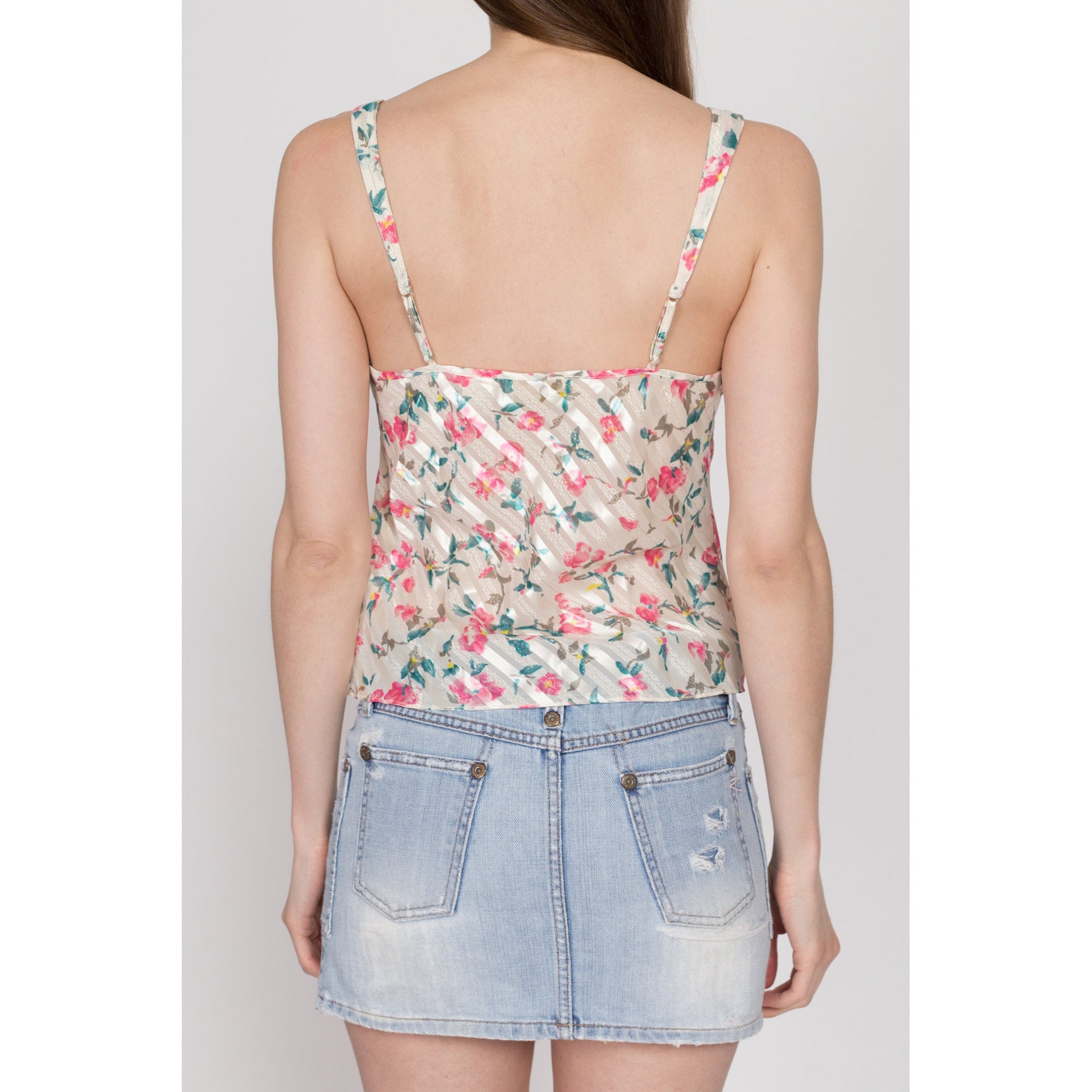 Small 90s Victoria's Secret Floral Satin Camisole | Vintage Lace Trim Lingerie Slip Crop Top Cami
