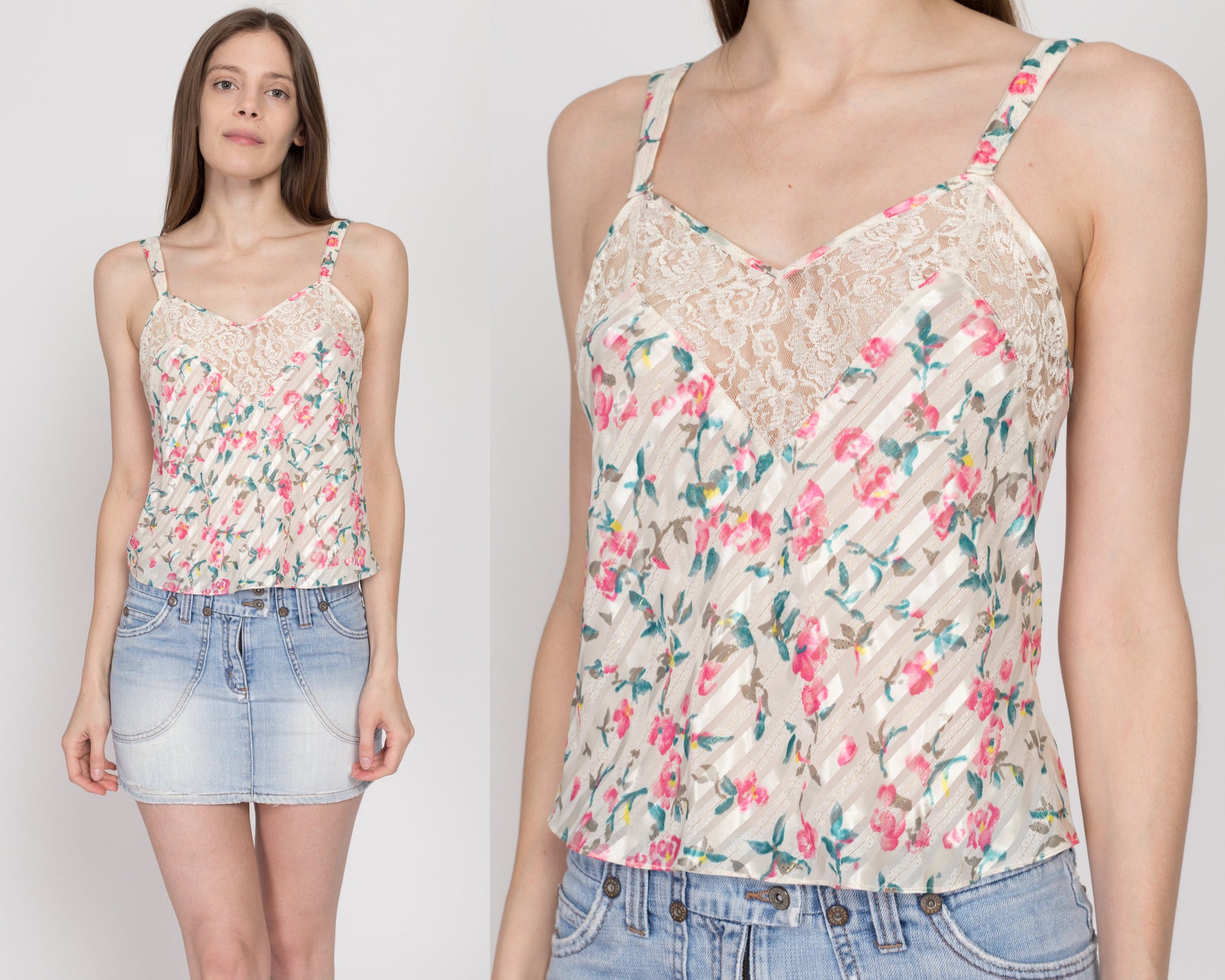 Small 90s Victoria's Secret Floral Satin Camisole | Vintage Lace Trim Lingerie Slip Crop Top Cami