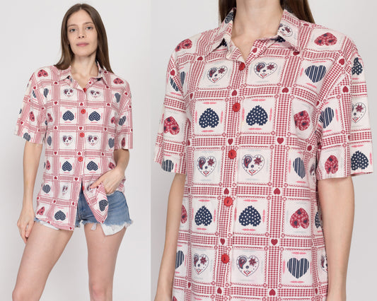 Large 90s Heart Bandana Print Button Up Shirt | Retro Kitsch Vintage Short Sleeve Patchwork Collared Top