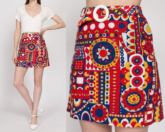 XS 60s Red Psychedelic Floral Belted Mini Skirt | Vintage Prestige Of Boston High Waisted Retro Mod Miniskirt