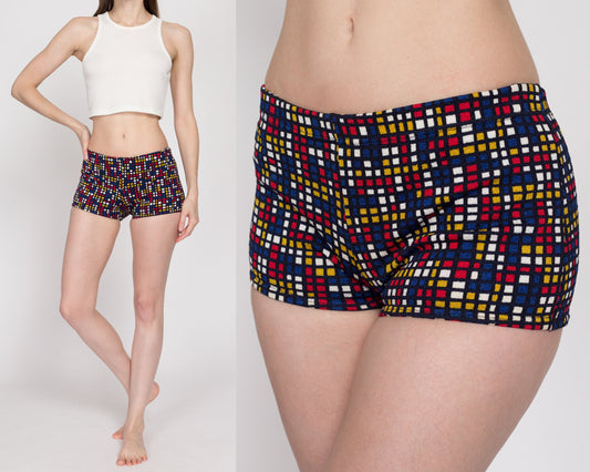 XS-Sm 70s Mondrian Mini Swim Shorts | Vintage Color Block Stretchy Swimwear Hot Pants