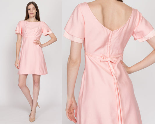 XS 60s Blush Pink Babydoll Party Dress | Vintage Tefft's Miami Back Bow Short Bell Sleeve A Line Dress