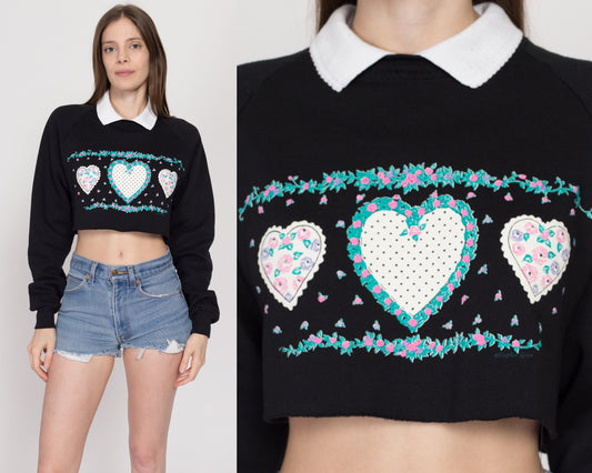 Med-Lrg 90s Black Heart Graphic Cropped Collared Sweatshirt | Vintage Floral Pullover Crop Top