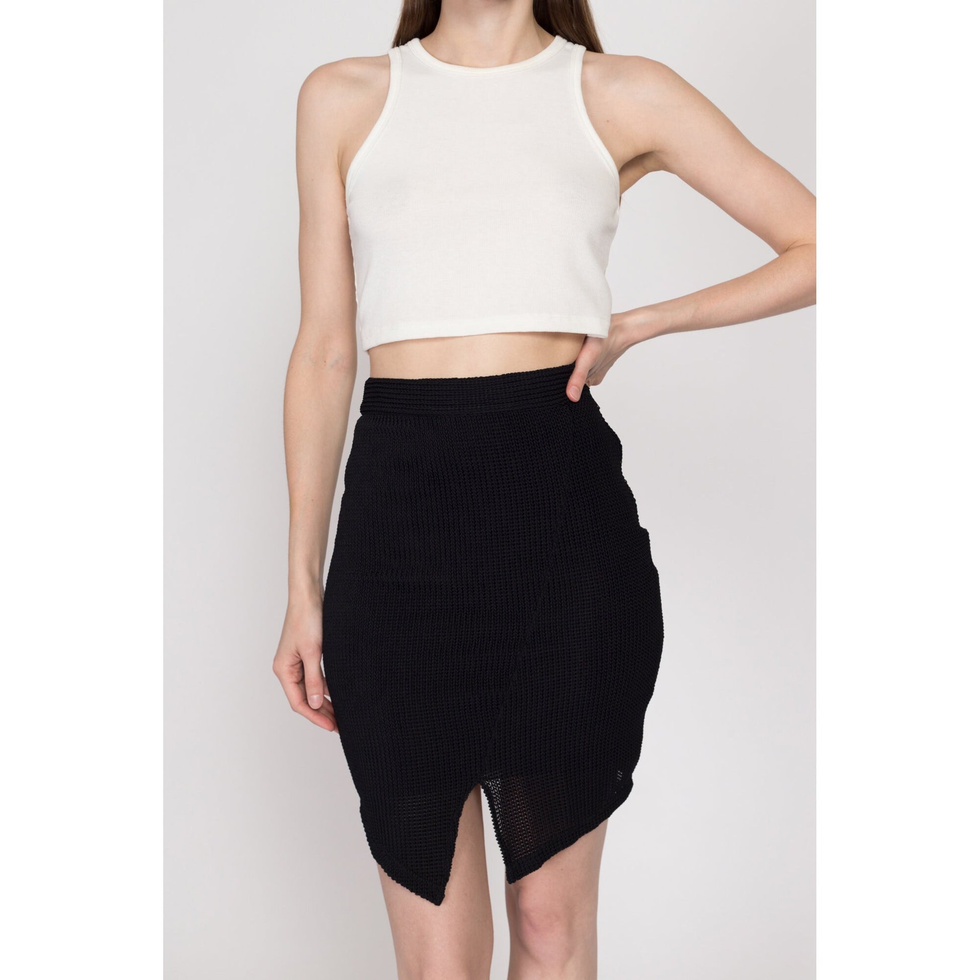 XS 90s Black Knit Fitted Mini Skirt | Vintage High Waisted Asymmetrical Stretchy Skirt