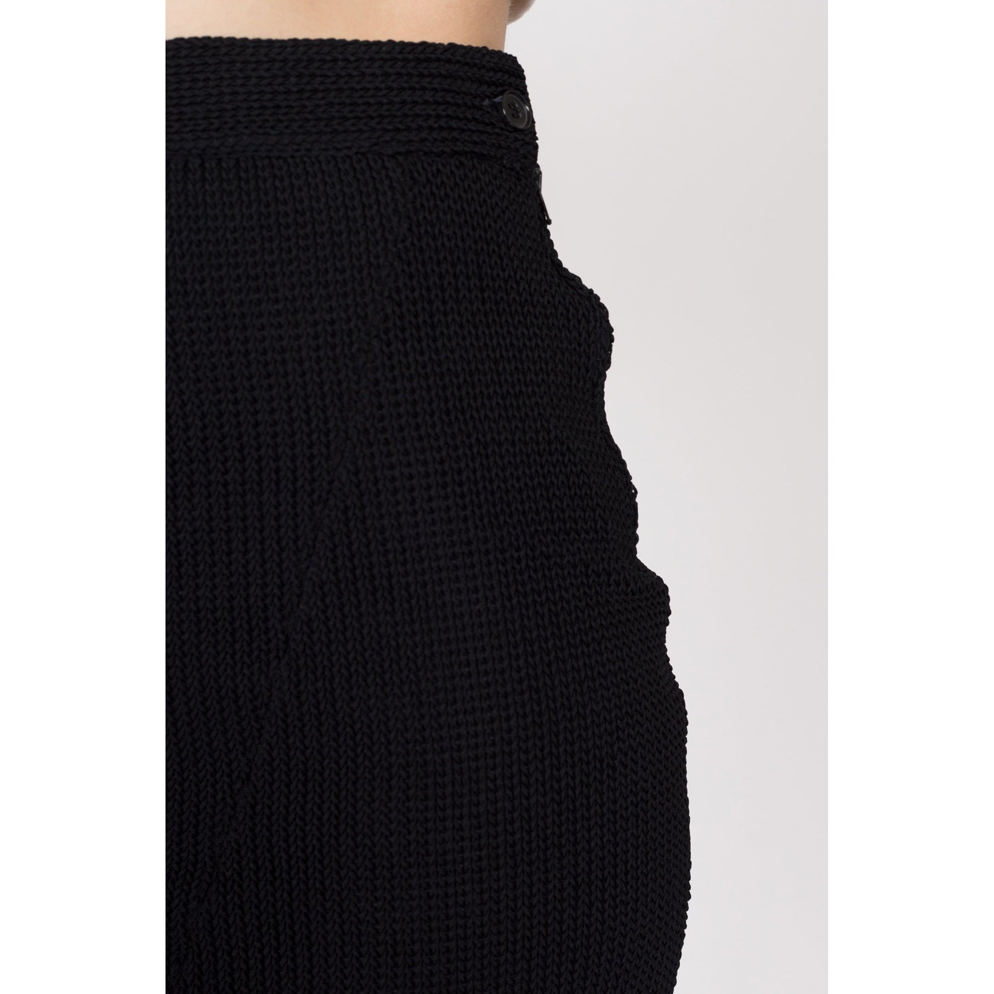 XS 90s Black Knit Fitted Mini Skirt | Vintage High Waisted Asymmetrical Stretchy Skirt