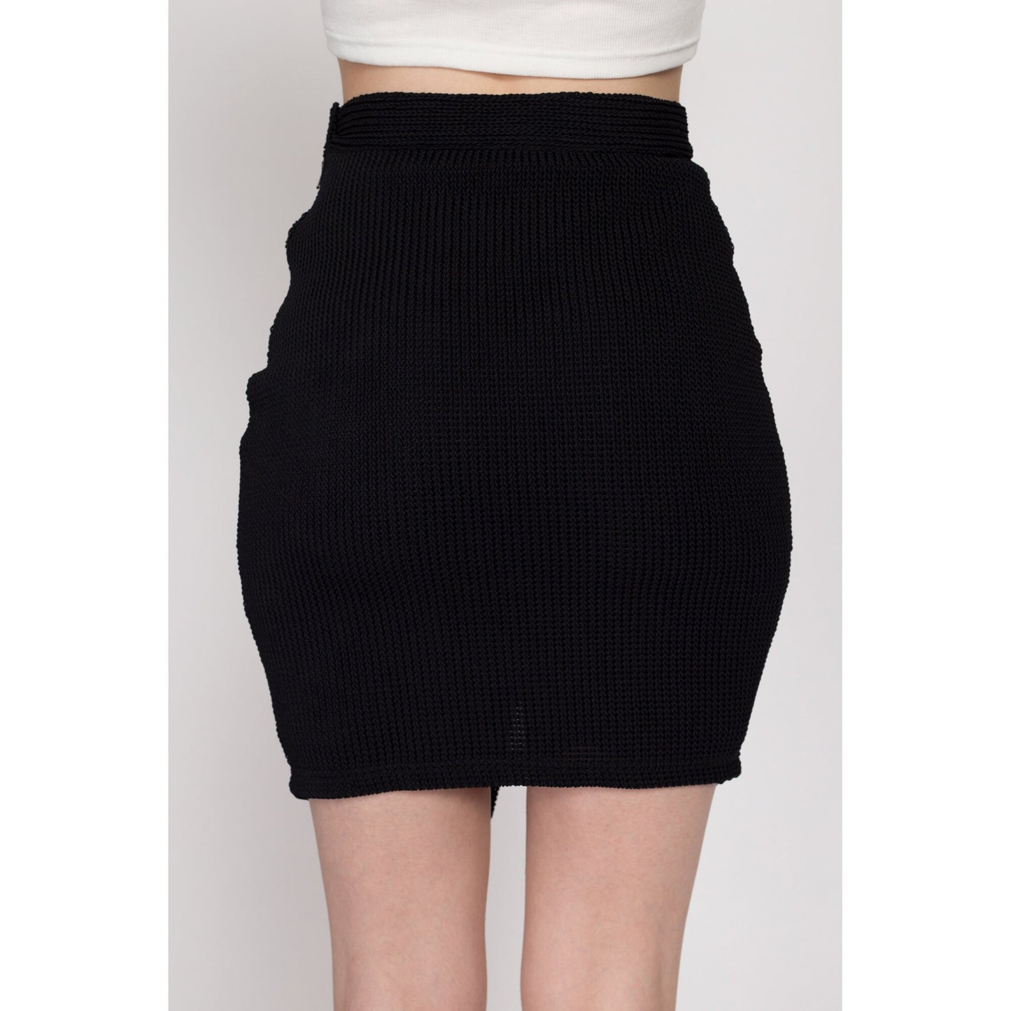 XS 90s Black Knit Fitted Mini Skirt | Vintage High Waisted Asymmetrical Stretchy Skirt
