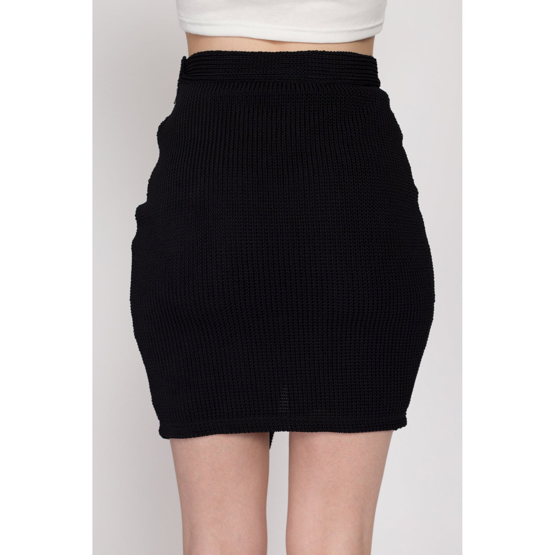 XS 90s Black Knit Fitted Mini Skirt | Vintage High Waisted Asymmetrical Stretchy Skirt
