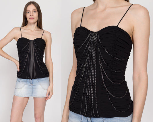 XS 90s Cache Black Ruched Chain Link Top | Vintage Spaghetti Strap Draped Formal Tank