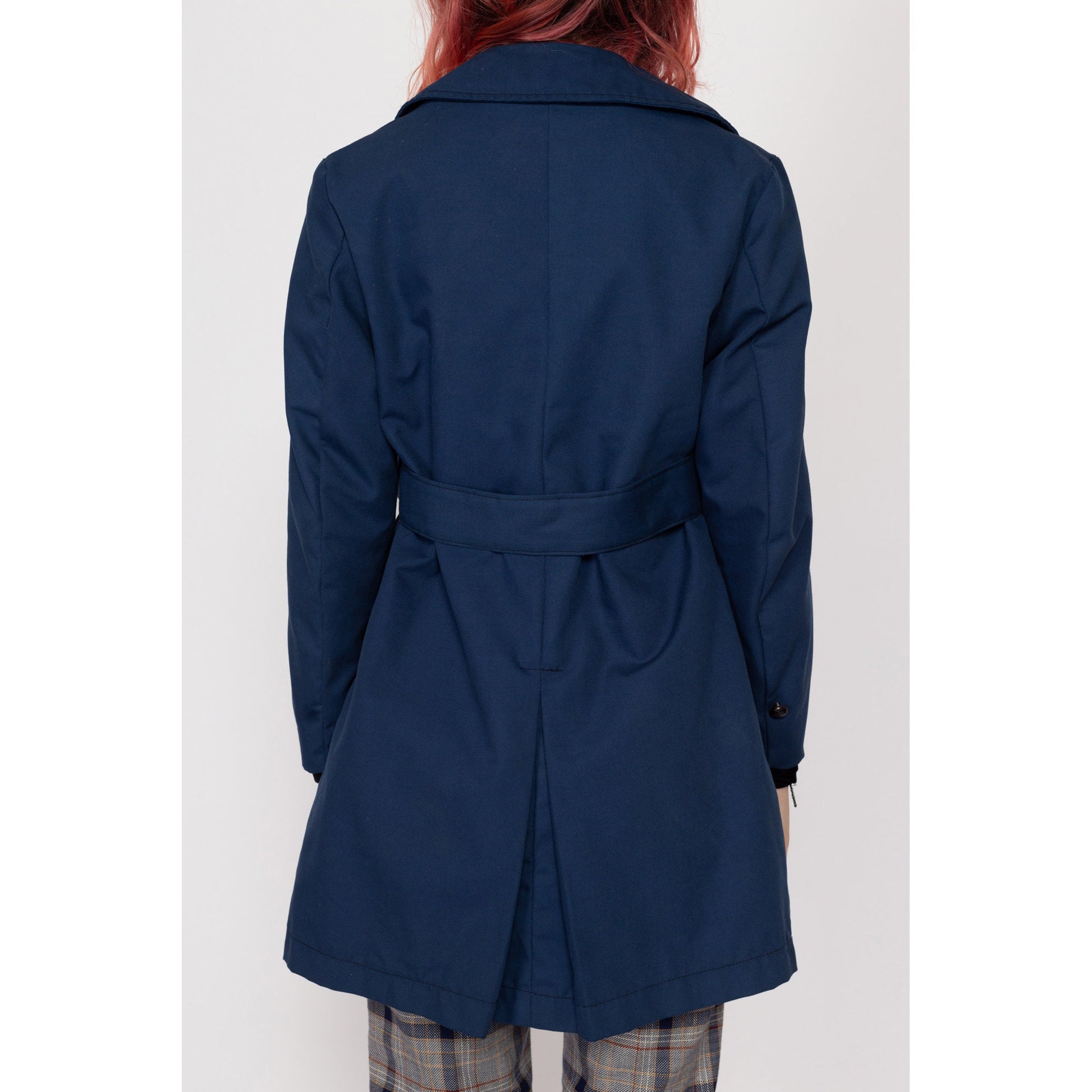 Petite XS 70s Mod Navy Blue Belted Jacket | Vintage Retro Double Breasted Short Trench