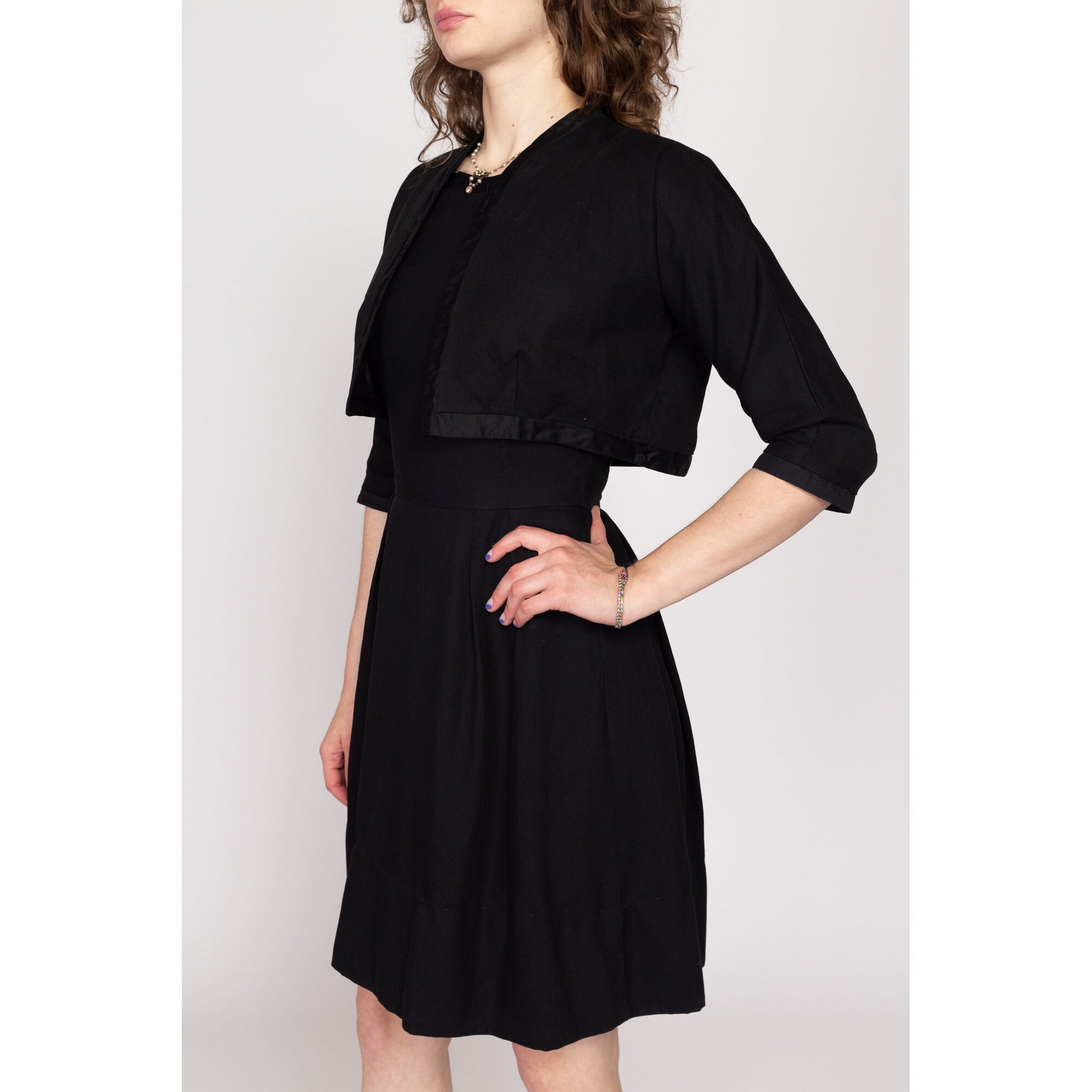 Small 1950s Nelly John Little Black Dress & Bolero Set | Vintage 50s Matching Mini Dress Jacket Two Piece Set