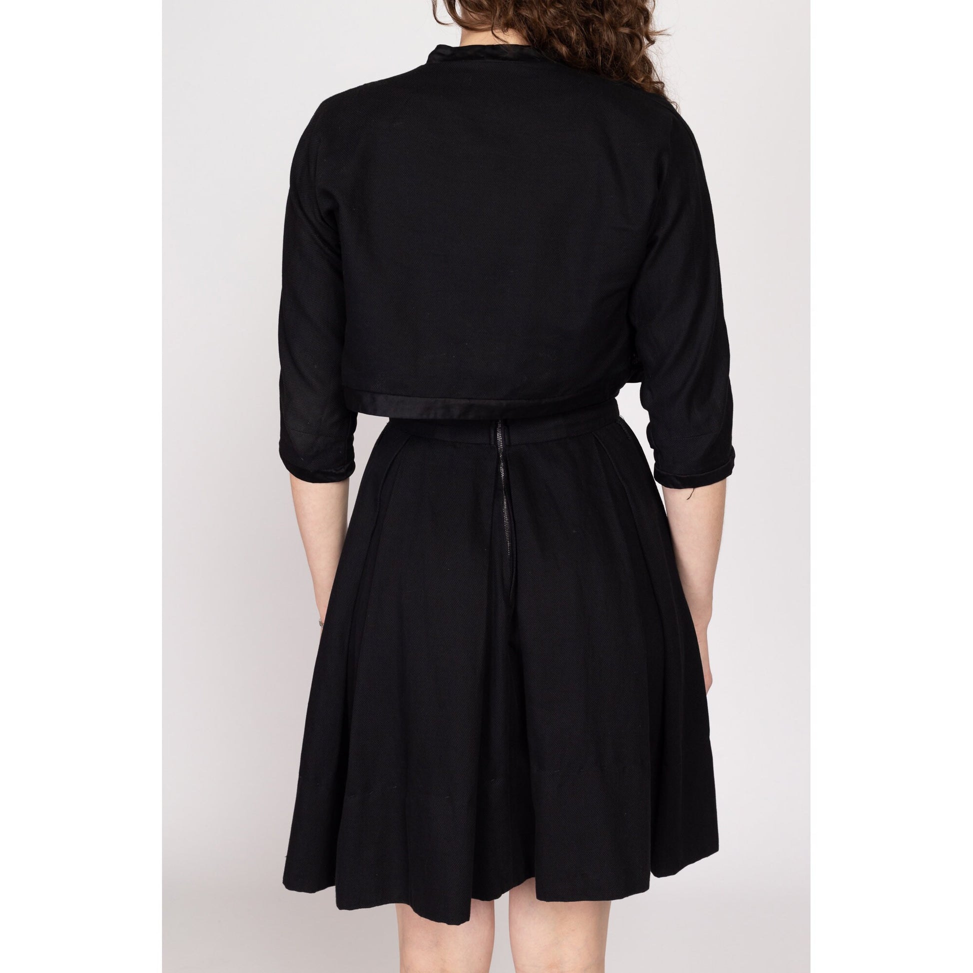 Small 1950s Nelly John Little Black Dress & Bolero Set | Vintage 50s Matching Mini Dress Jacket Two Piece Set