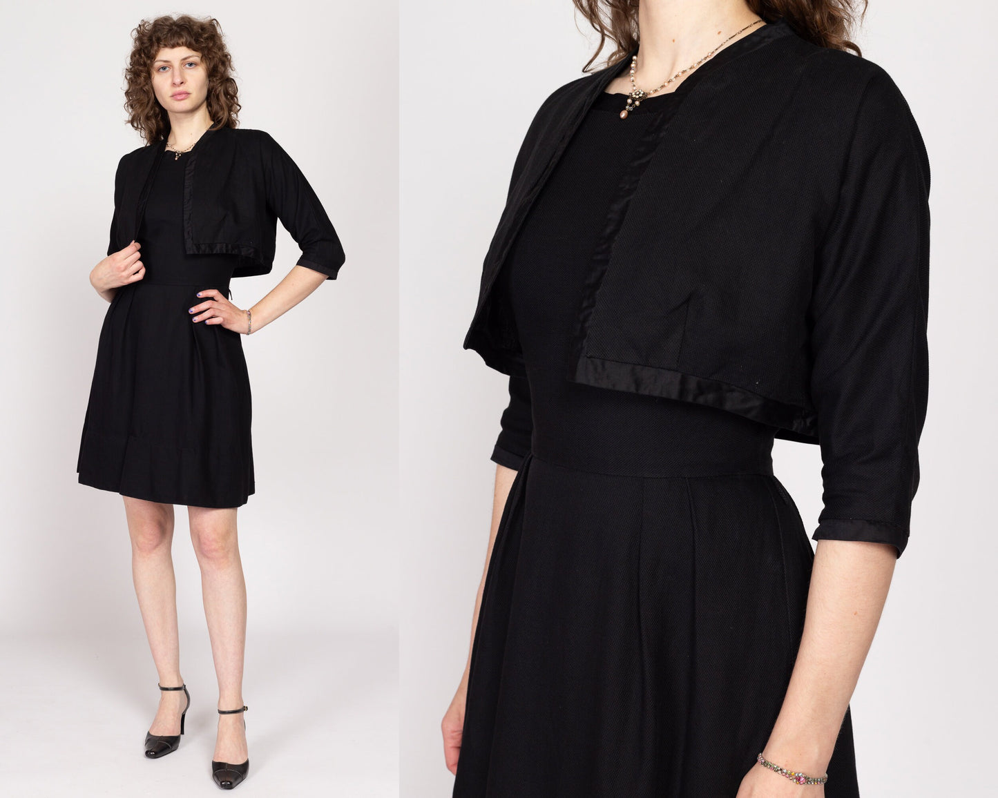Small 1950s Nelly John Little Black Dress & Bolero Set | Vintage 50s Matching Mini Dress Jacket Two Piece Set