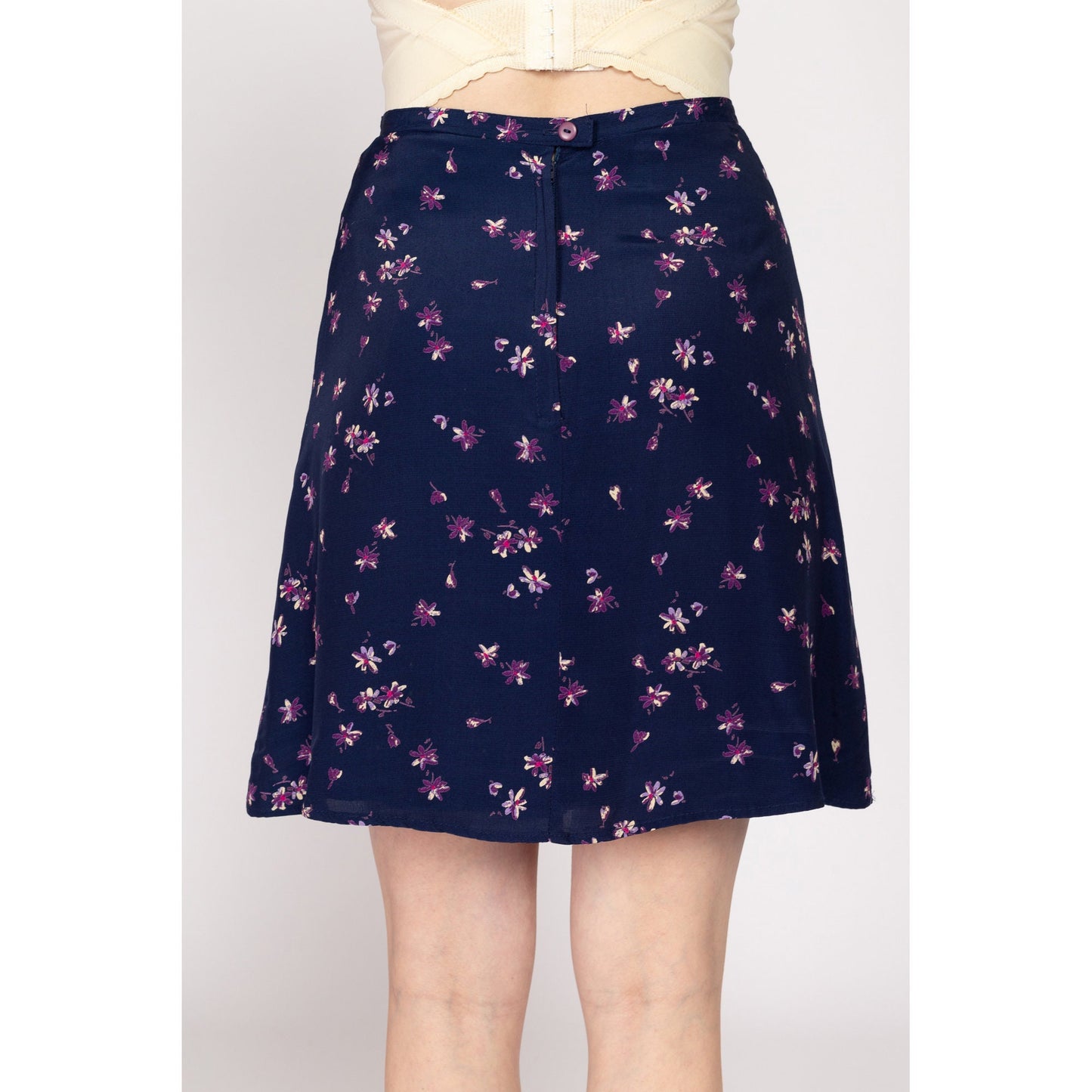 Medium 90s Navy Blue Floral Grunge Mini Skirt 27.5" | Vintage Flowy High Waisted Summer Skirt